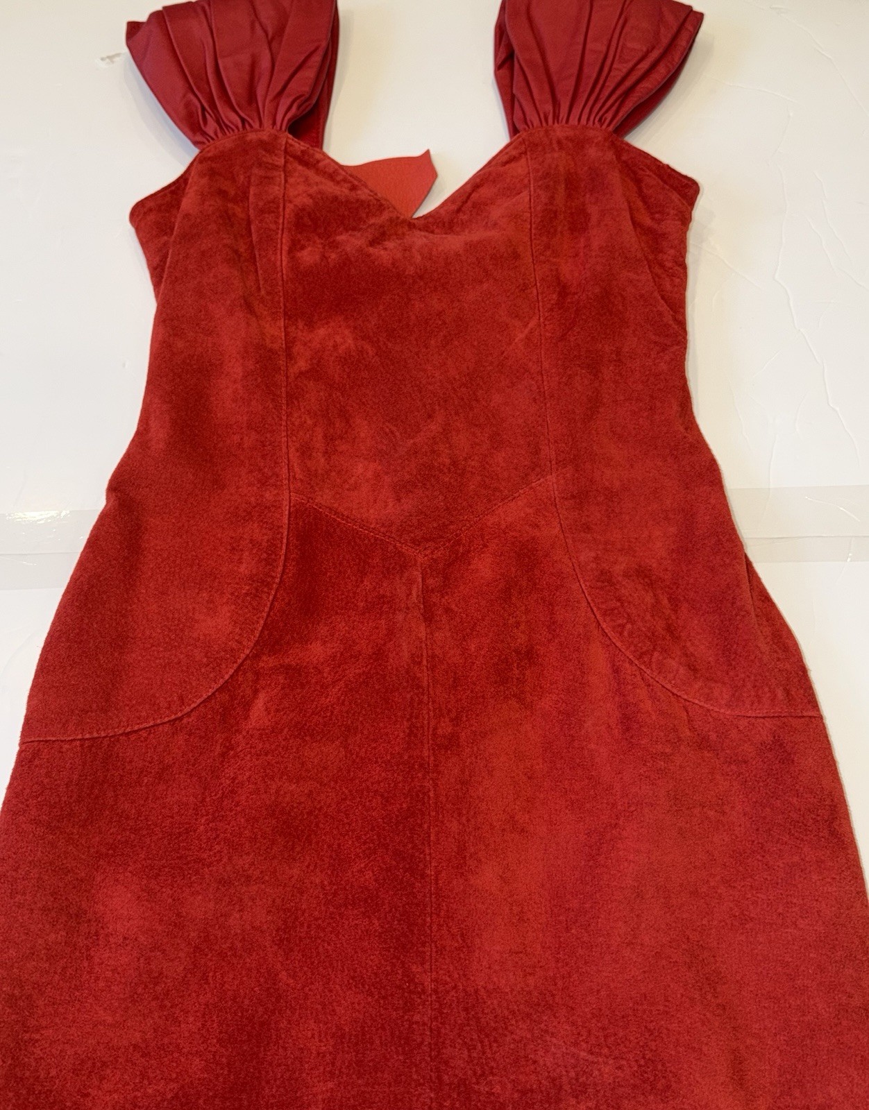 VTG 90’s Leather Ranch Red Mini Suede Cocktail Dress Padded Shoulders Sz 0 NWT