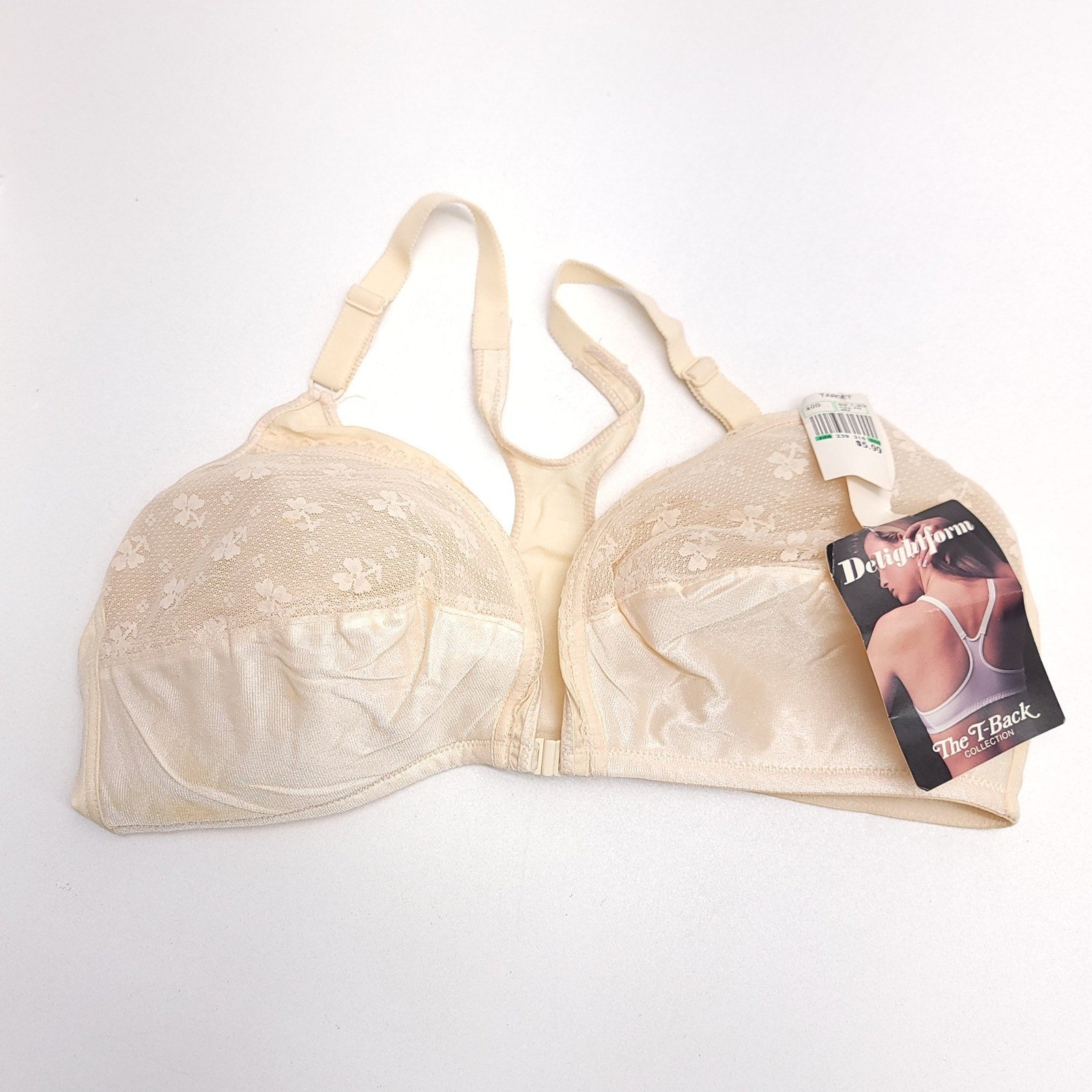 Delightform Vintage T-Back Front Clasp Bra Beige Lace Trim Size 40D NWT
