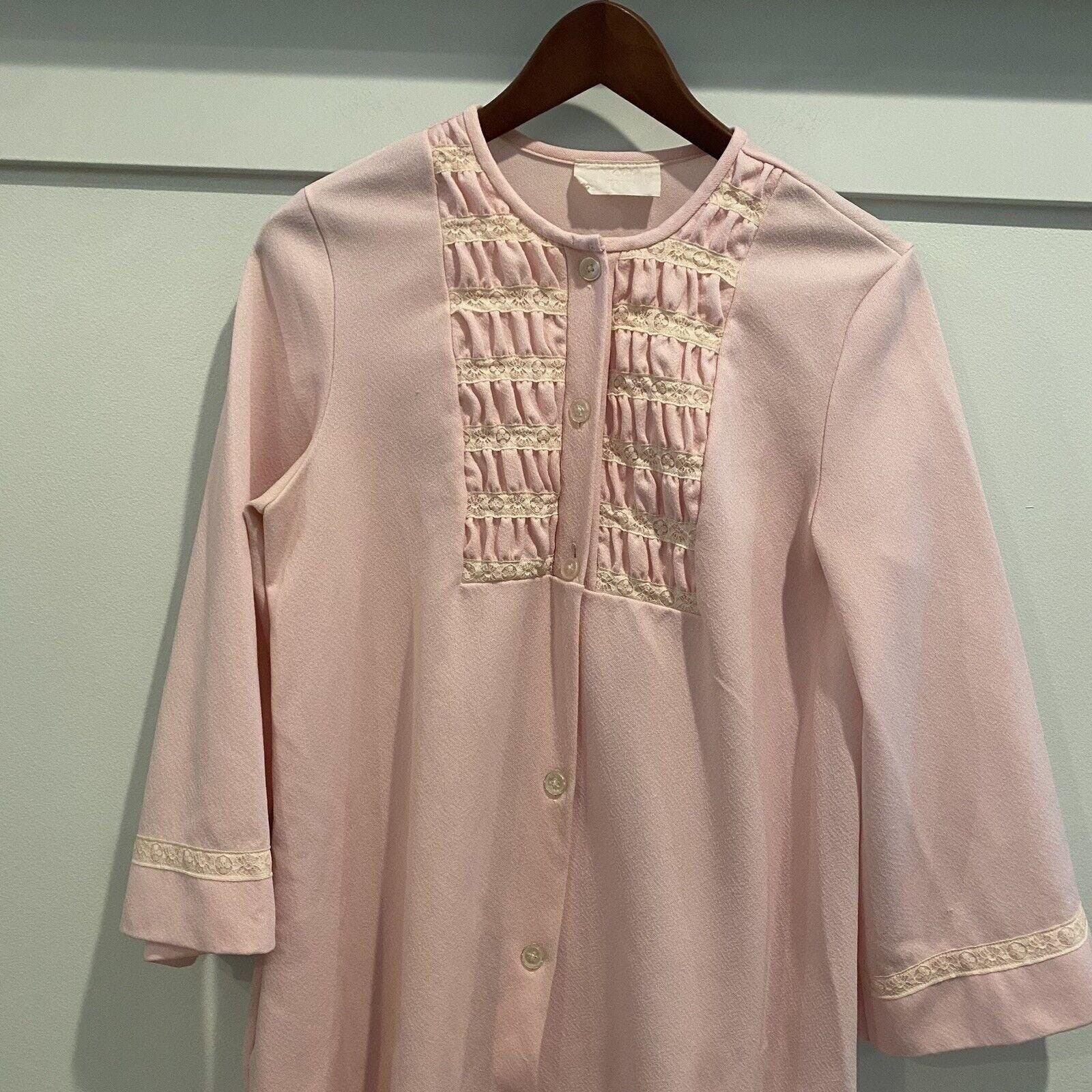 Vintage Gossard Artemis House Coat Robe Medium M Pink Lace Trim Midi Length 70s
