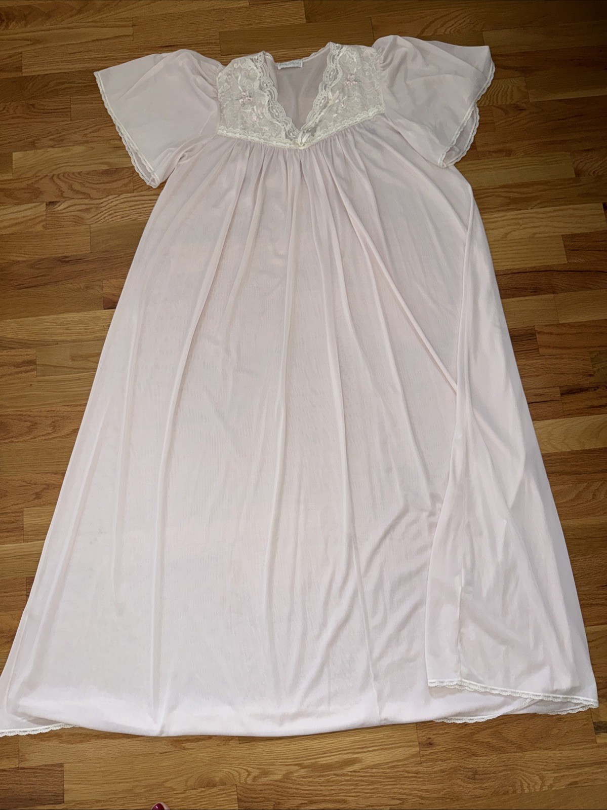 Vintage Miss Elaine Pink Full-Length(48’) Nightgown Cream Lace Size See Pictures
