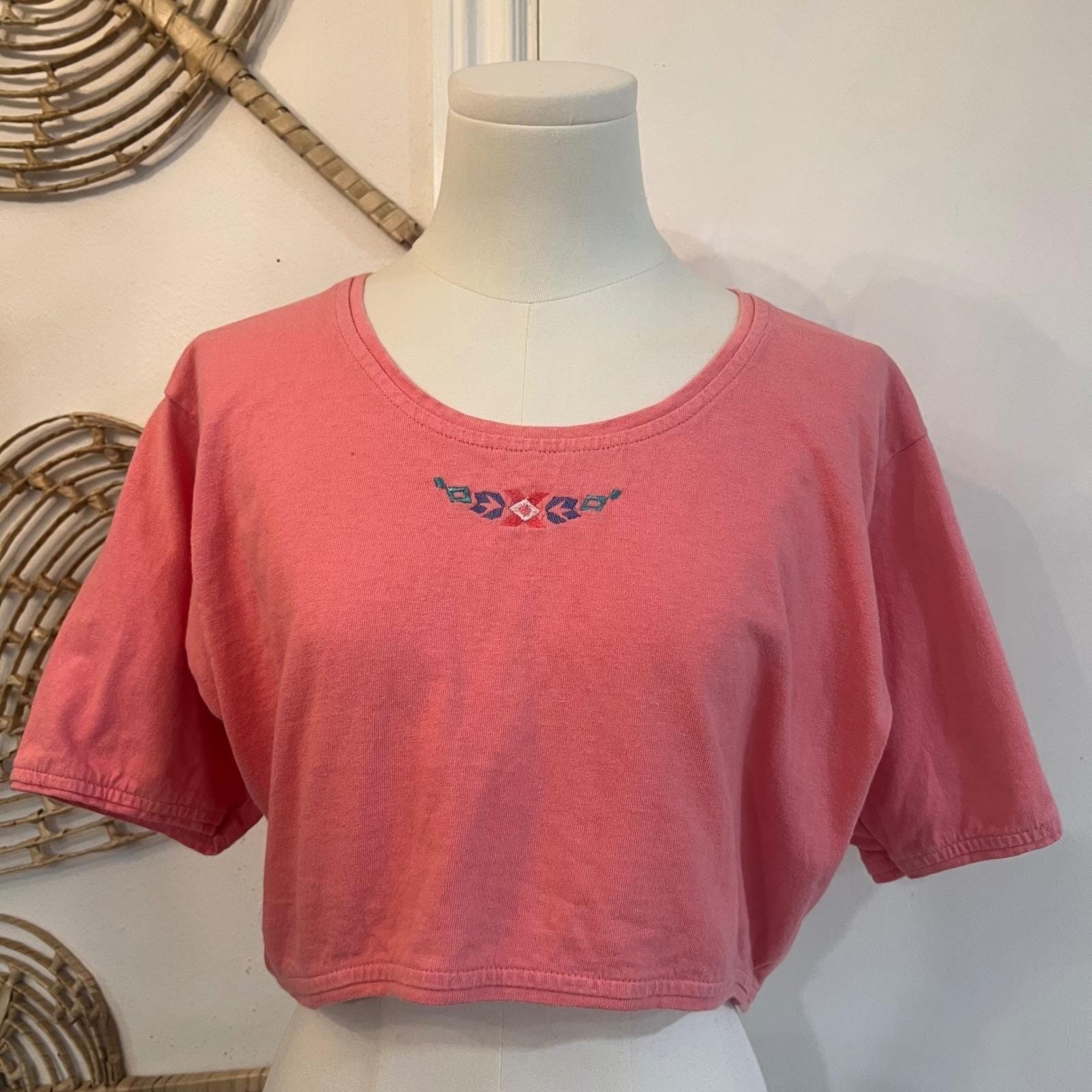 Vintage Nuovo Pink Cotton Crop Top Embroidered Boho Southwestern Tee Large
