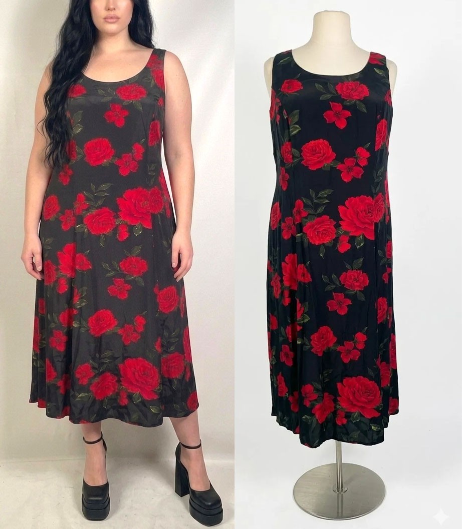 Vintage 1990s Plus Size Rose Print Rayon Maxi Dress Made In USA Size 18 2XL