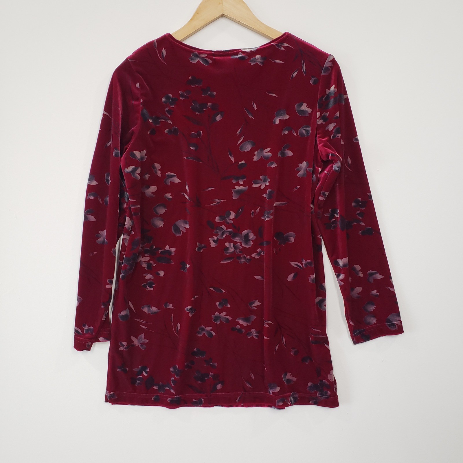 Cervelle Velvet Floral Top Womens Size S Red Vintage 90s Long Sleeve Tunic Boho