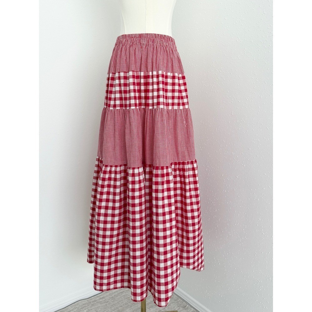 Vtg Red Gingham Plaid Patchwork Tiered Maxi Skirt Cottagecore Prairie Boho (S-L)