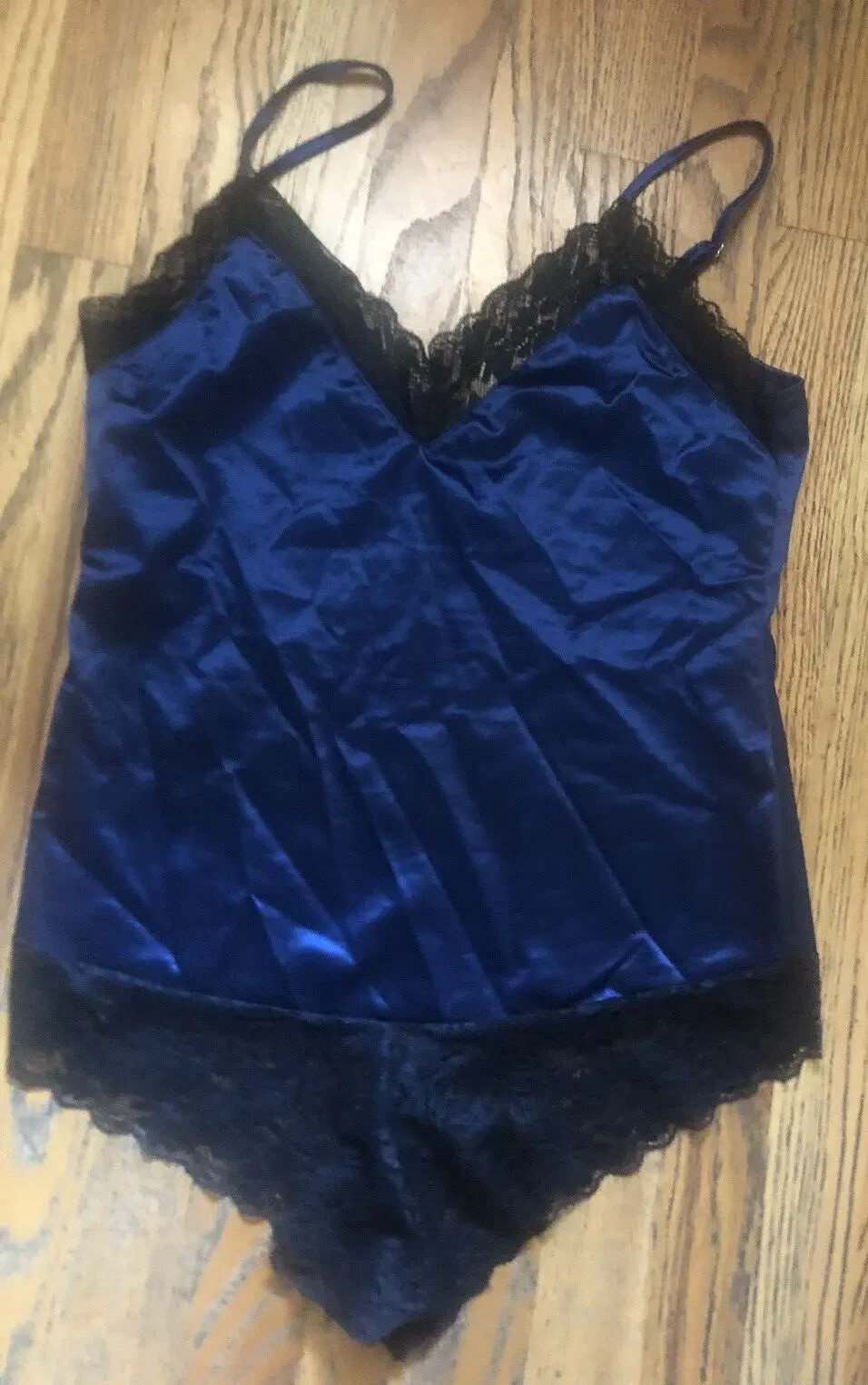 Vtg New AVIDLOVE Sz L Navy Royal Blue Satin 1 One PC Black Lace TEDDY Lingerie