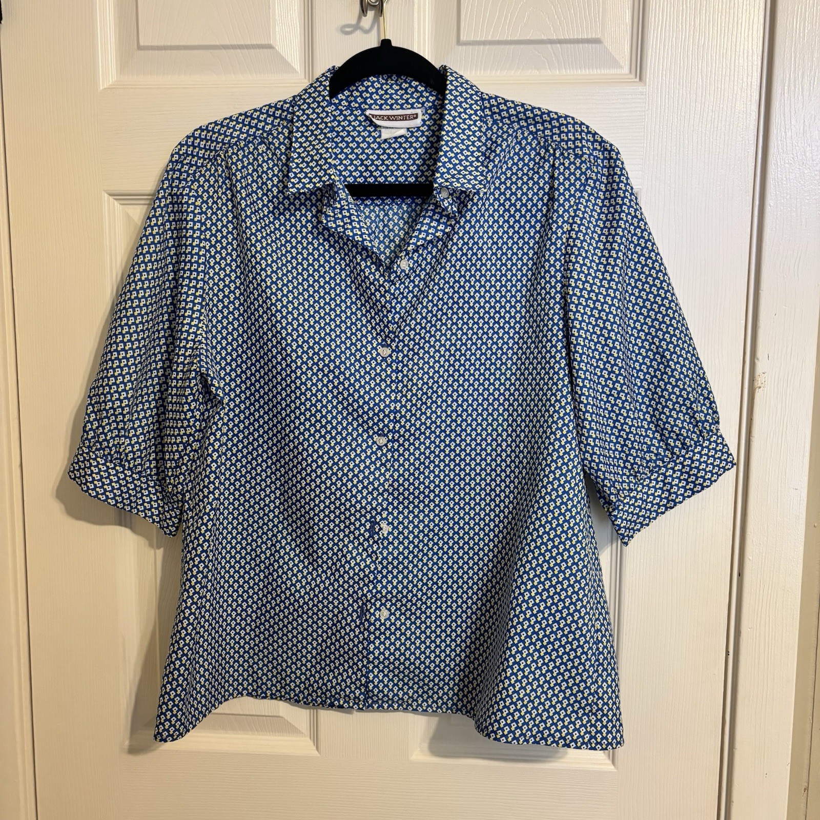 VTG 1970’s Jack Winter Geo Harlequin Disco Blouse Blue Yellow Diamond Shirt 16