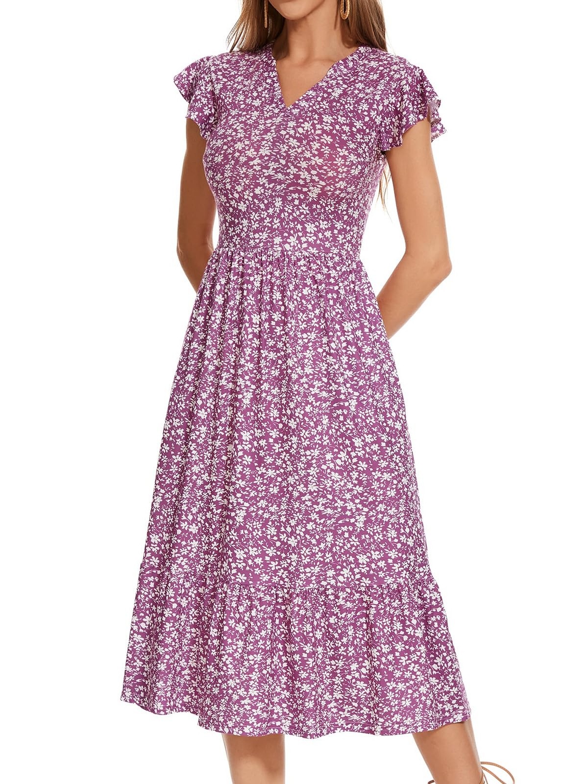 YIOYOLA Midi Dresses for Women 2026 Casual with Pockets Ruffle Sleeve Notched…