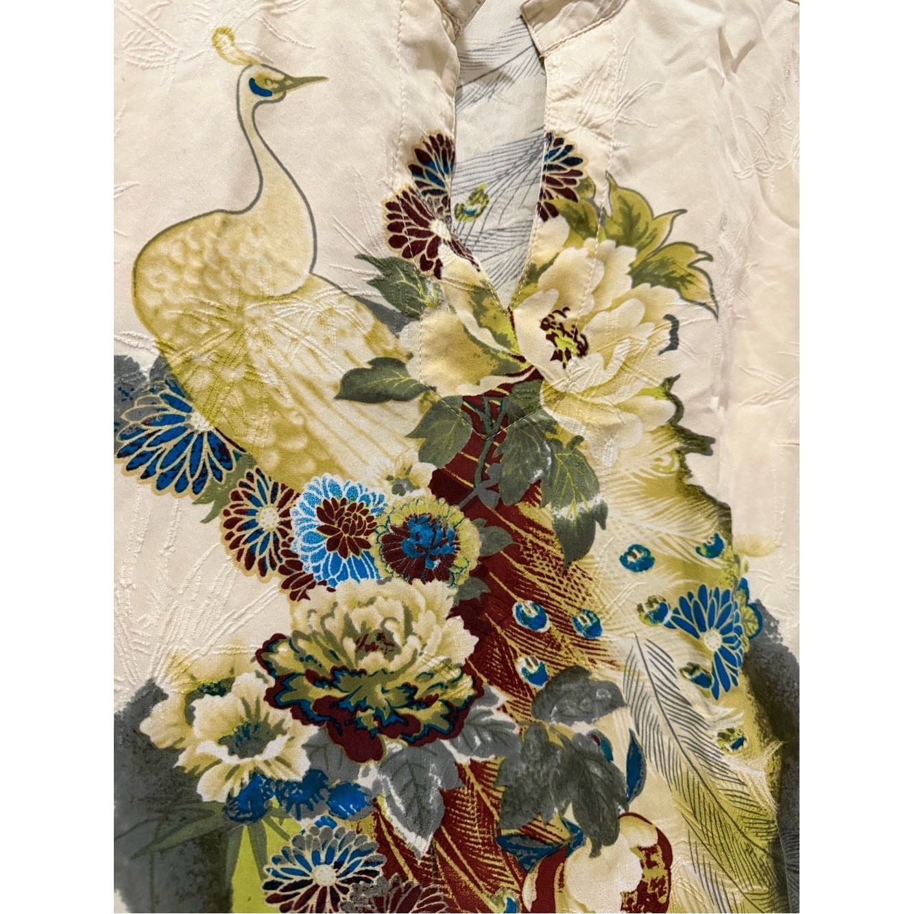 Citron Women’s XS 100% Silk Peacock Floral Vintage Button Down Shirt made USA B8
