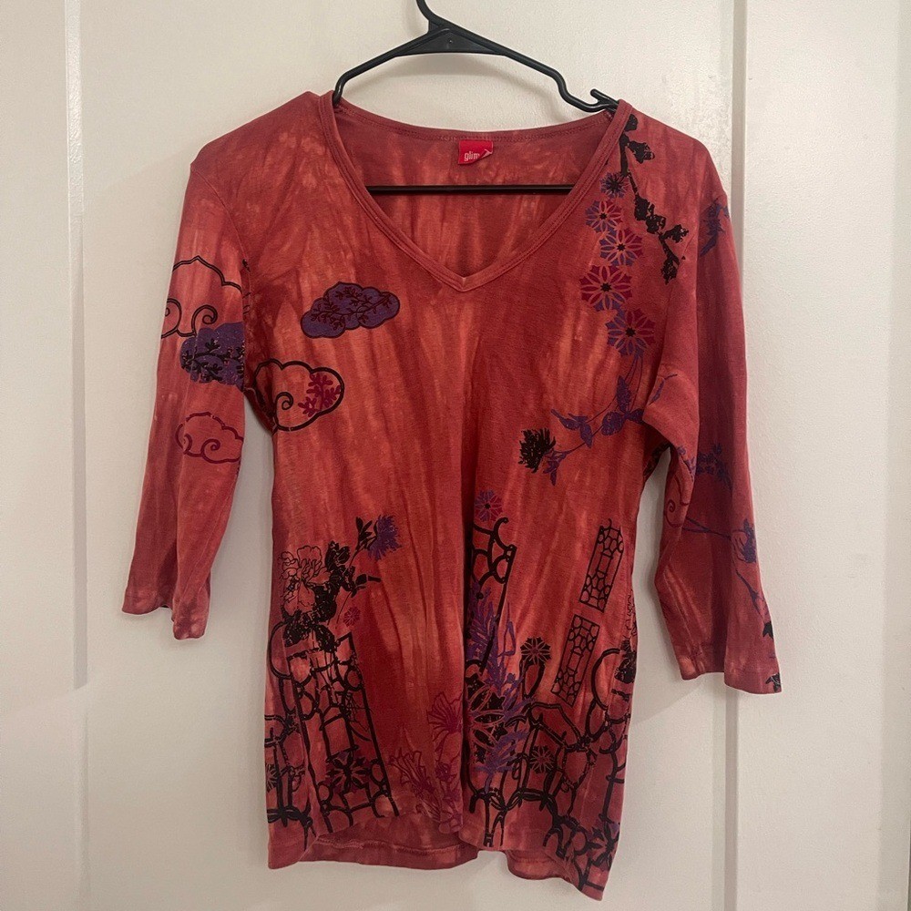 Vintage Japanese Print Temple Indie Culture Rust Red Floral-Print V-Neck Blouse