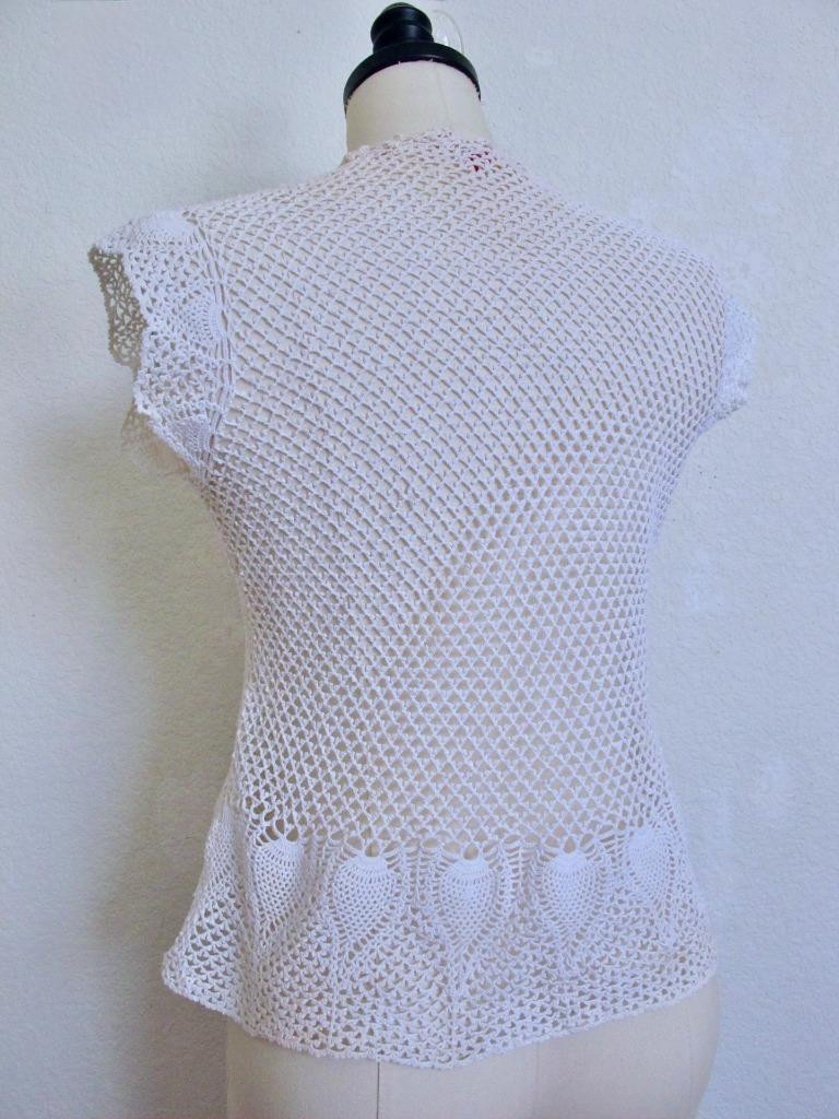 Vintage Hand Crocheted Button Down Cardigan Top S Cotton Openwork Lace Pineapple