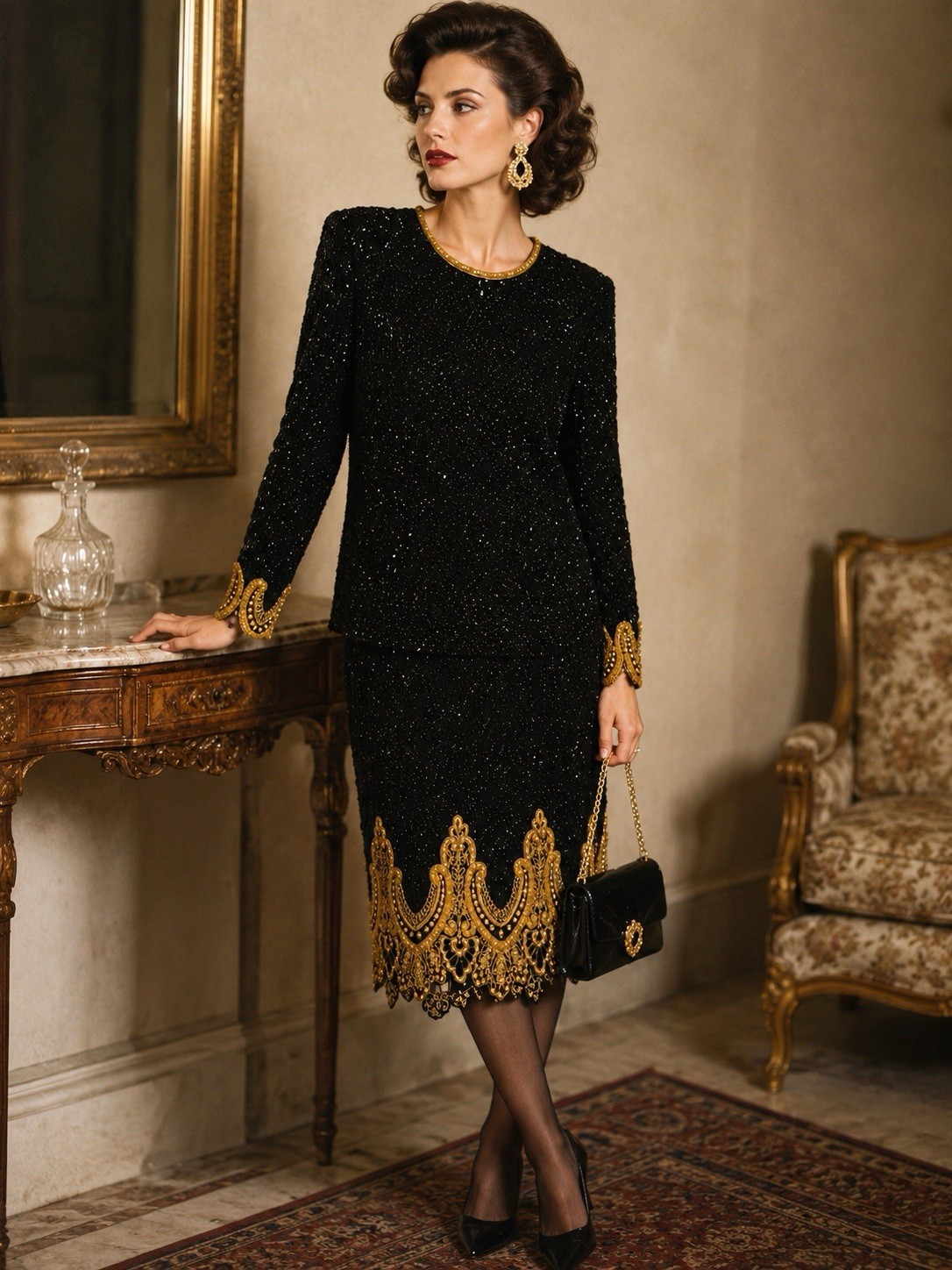 VTG 1980s Night Vogue 100% Silk Beaded Black & Gold Cocktail Dress Size Small