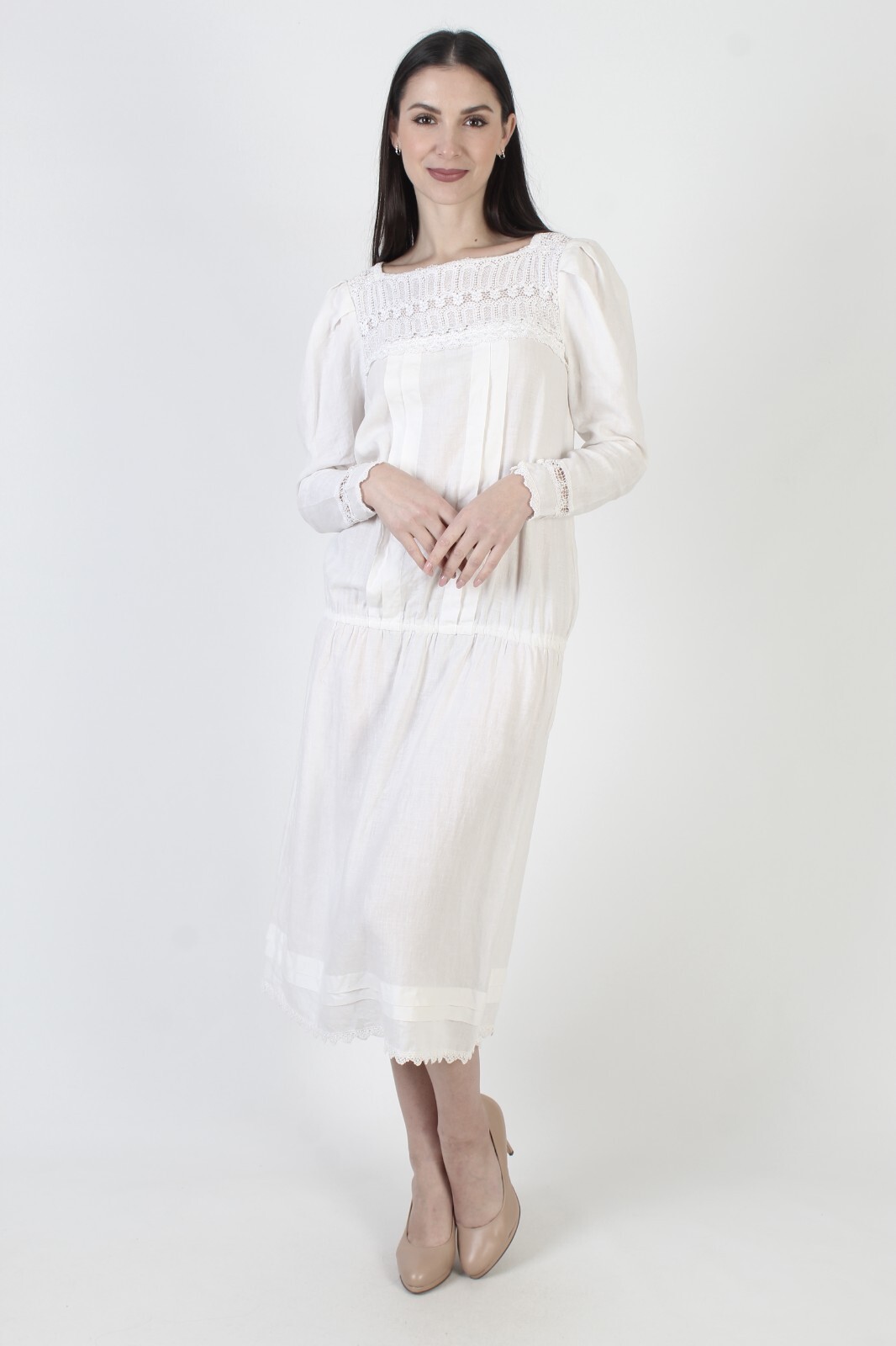 Jessica McClintock White Cotton Dress Drop Waist Victorian Deco Lawn Vtg Midi
