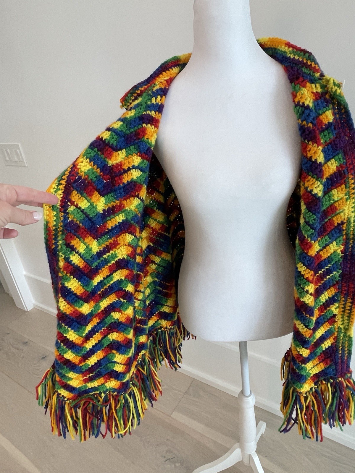 Vintage Handmade Crochet Poncho BOHO Fringe Button Up Festival Hippie OS Color