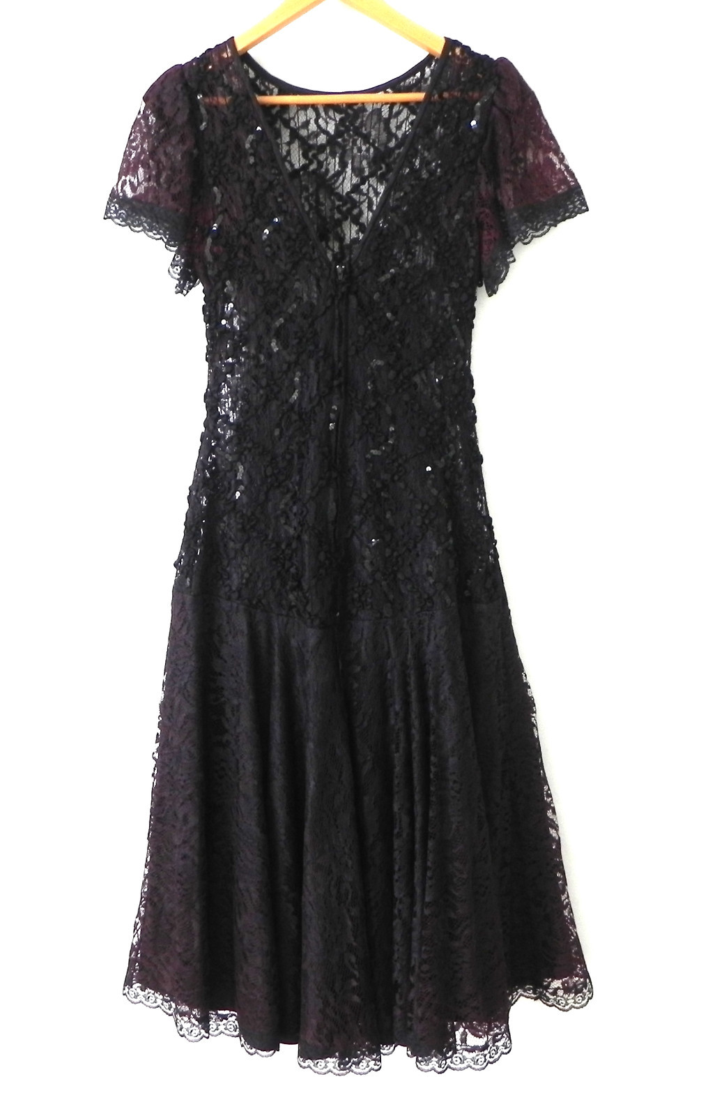 Vtg HW Collections Lace Dress Burgundy/Black Open Back Fit-Flared Size S/M