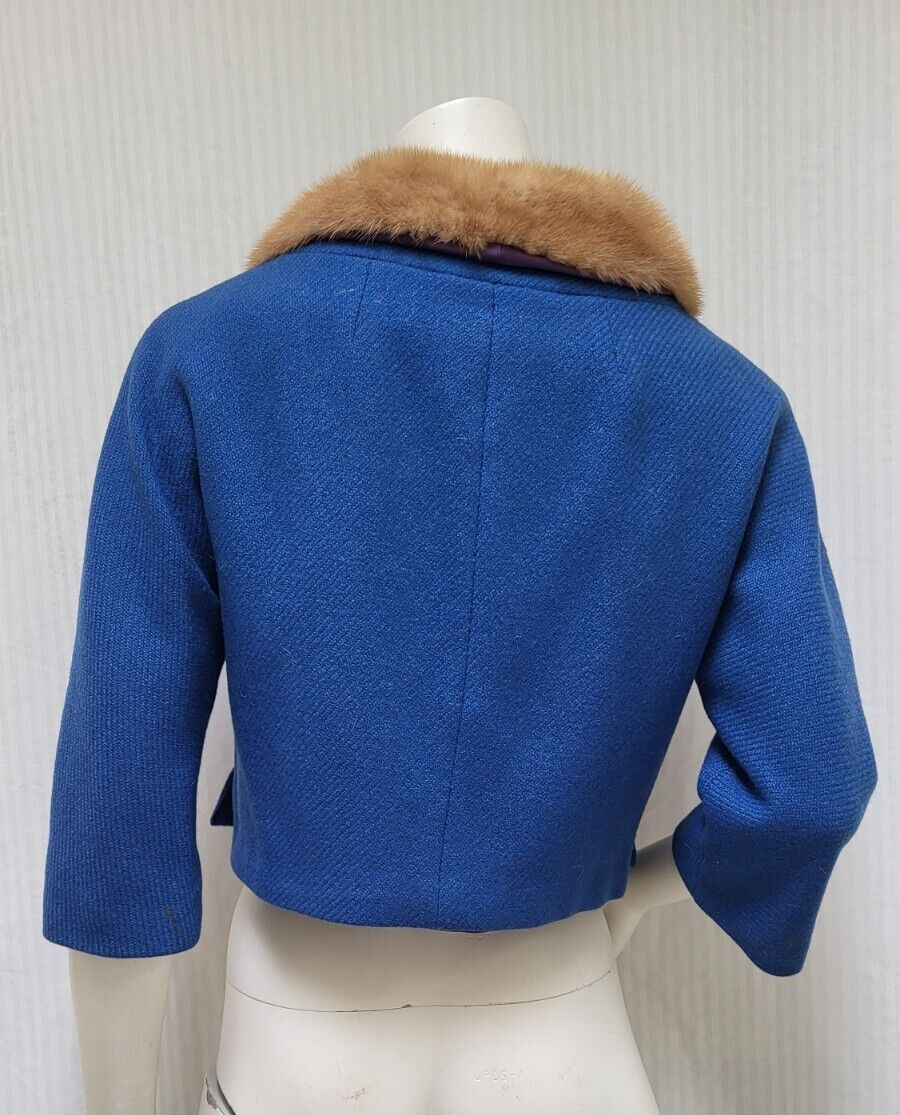 Vintage 1950/60’s Blue Wool Dolman Sleeve Fur Collar Cropped Jacket – Size M