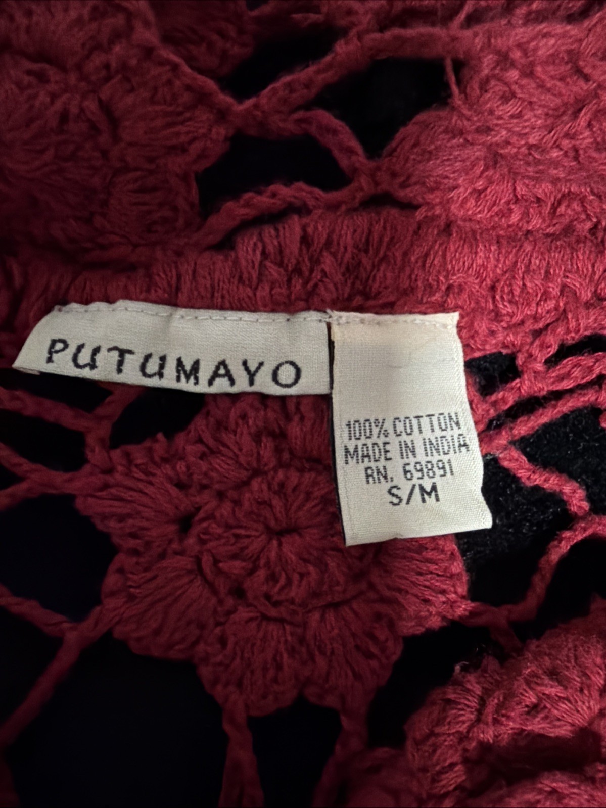 Vintage 1980s Putumayo Long Sleeve Croquet Sweater Dark Red S/M Boho Festival