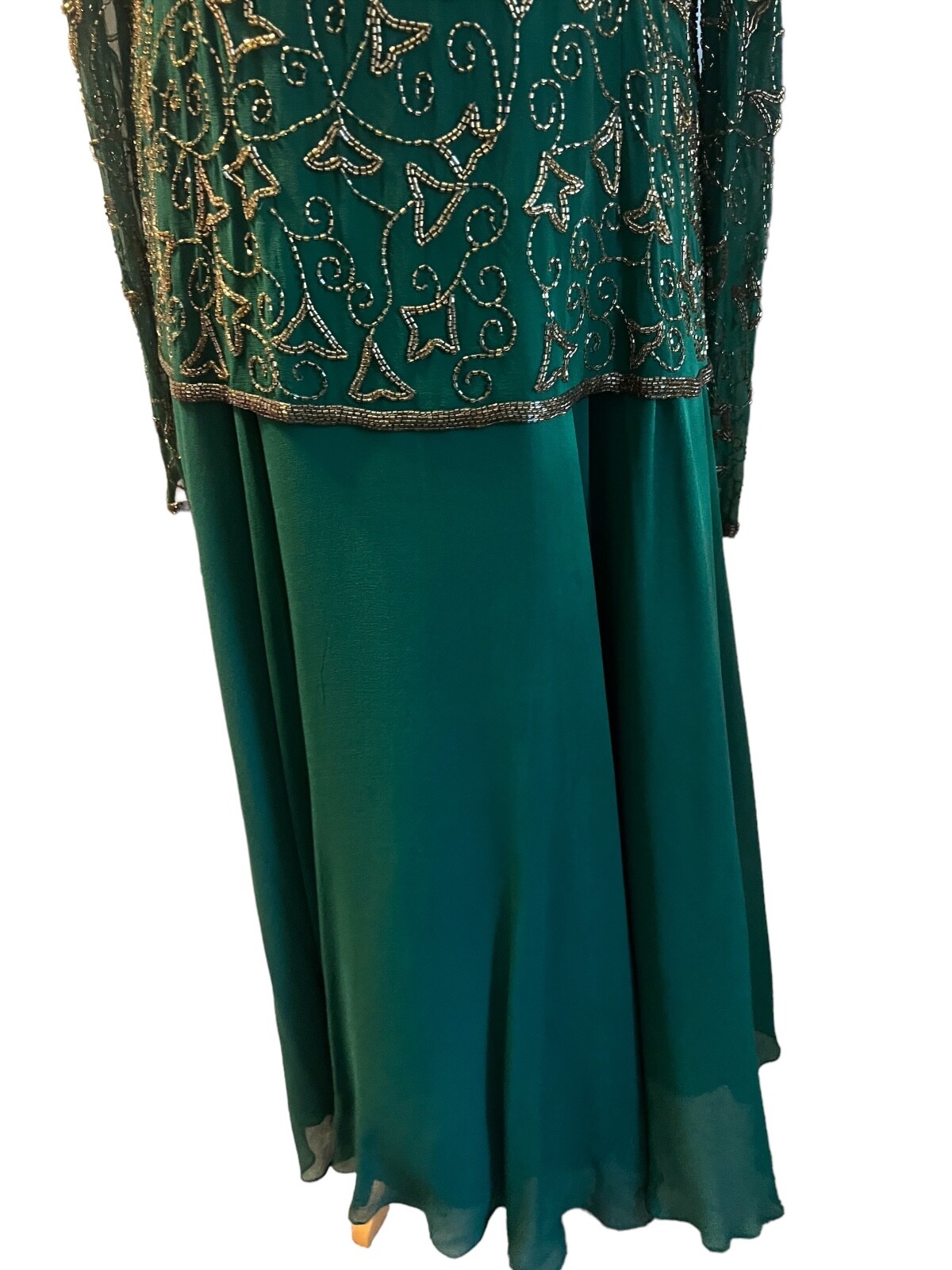 Vintage Evening Gown Niteline by Della Roufogali Green beaded Long sleeve, SZ 16