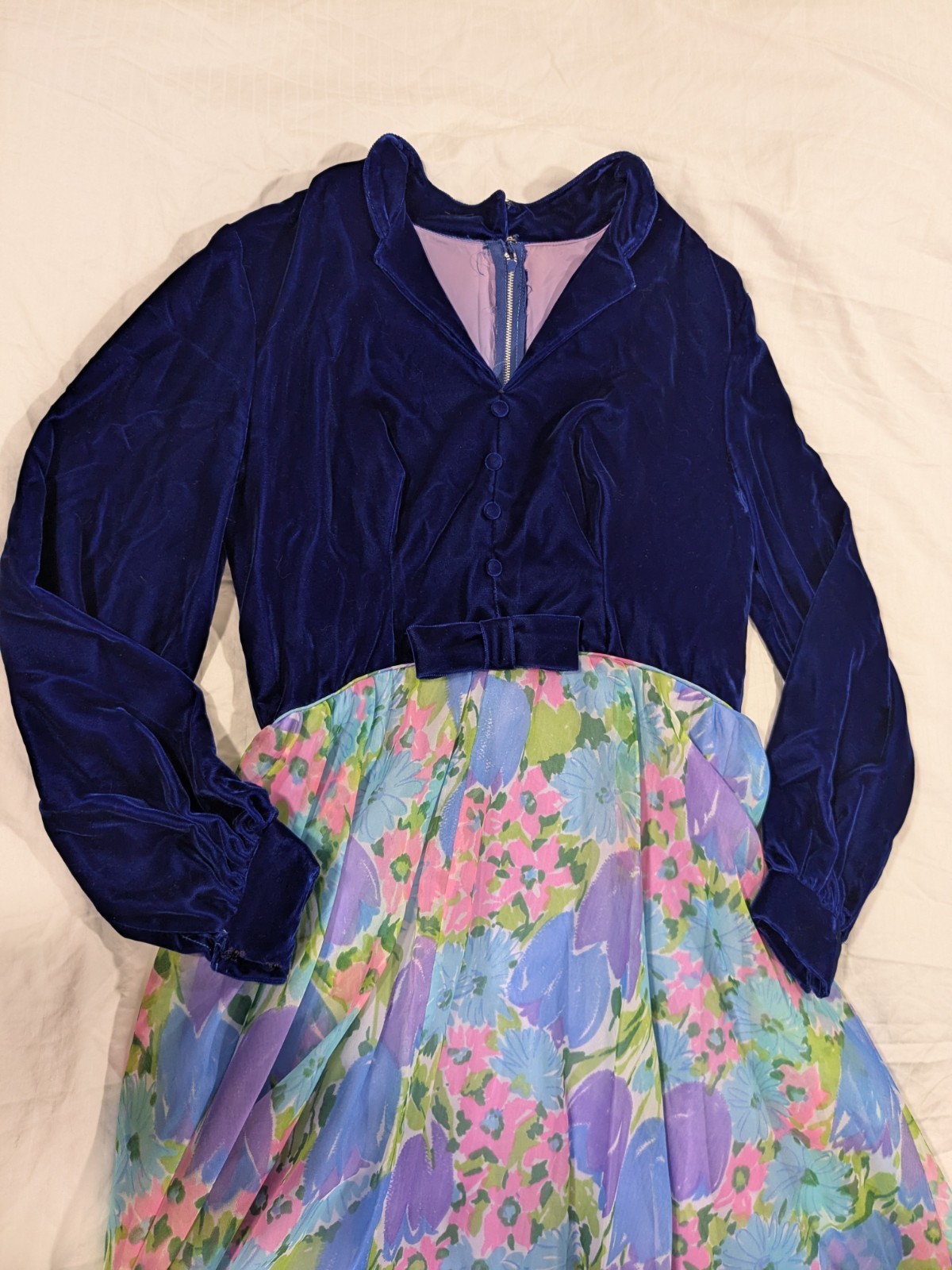 Vintage 70s Union Made Blue Velvet Maxi Dress Size Large 34 Inch Waist