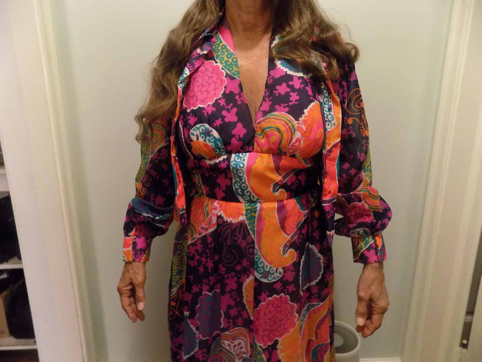 Don Luis vtg Halter Maxi Dress & Sheer Jacket BOLD Groovy Purple Orange Pink M