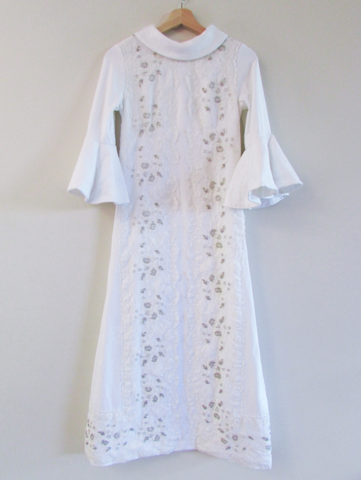 Vintage 60s Lace Beaded Sheath Wedding Dress Gown Circular Flounce Sleeves