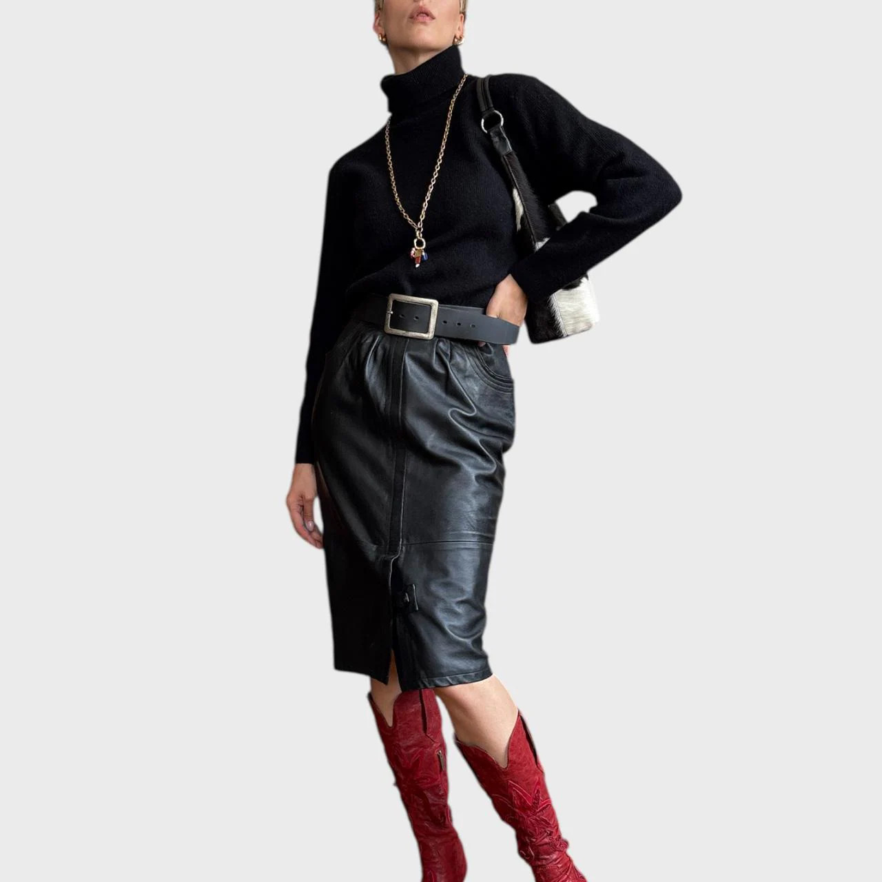 Vintage Black Leather Midi Skirt 80s High Waist Pencil Skirt size US8; EU 40