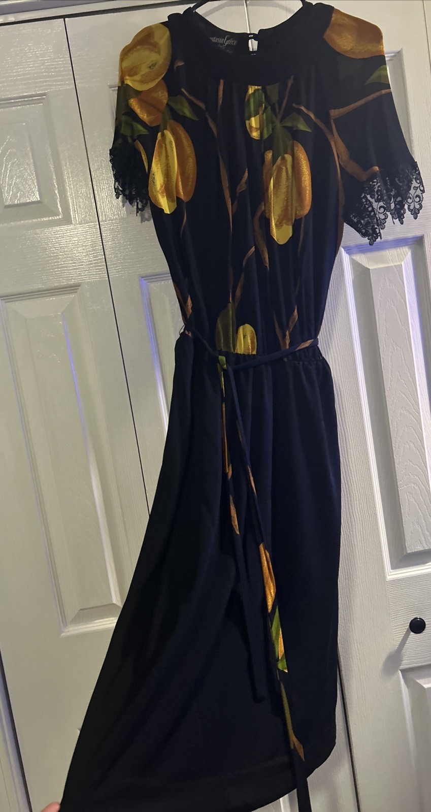 Vintage Anastasia Greco Paris France Black Floral Dress Size 40 Lace Trim Sleeve