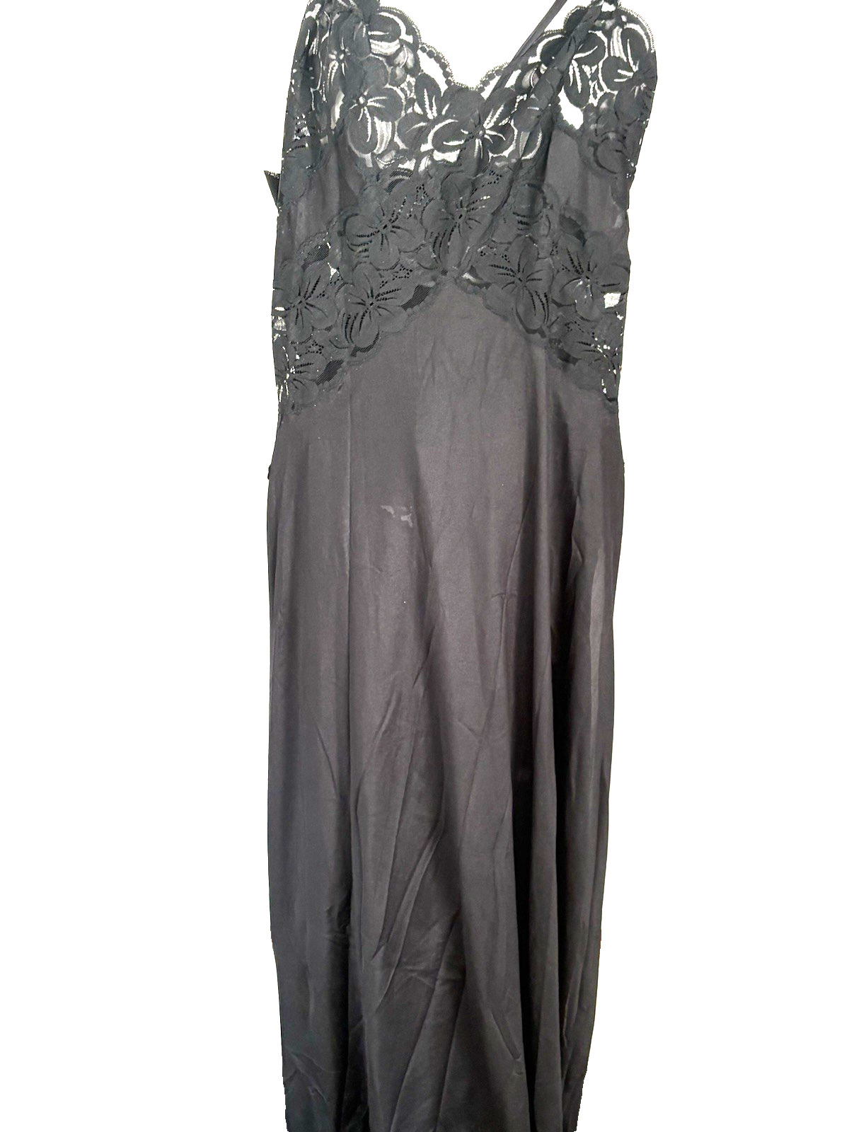 VTG 70s Glydons Hollywood Black Satin Nightgown Negligee Maxi Slip Lace Trim Med