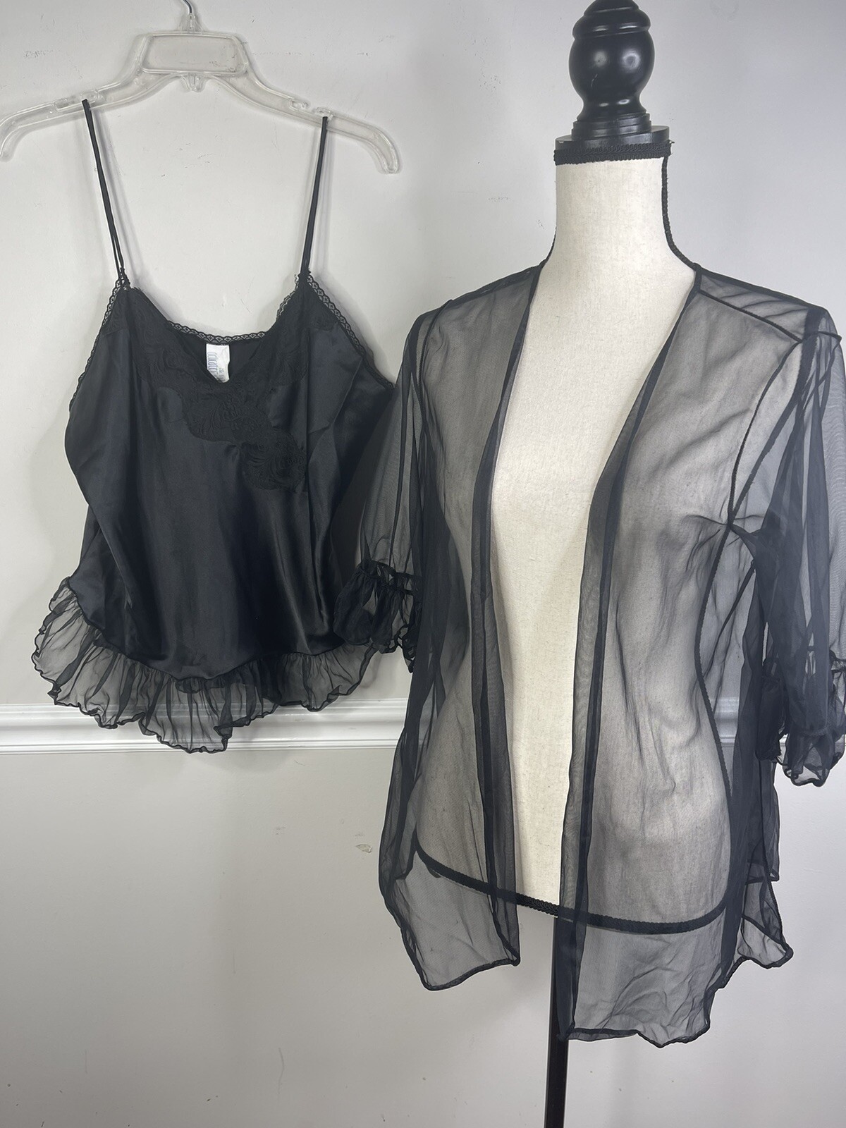 Vintage DELICATES Liquid SATIN Lace Cami Peignoir Black Large Chiffon Set Sexy