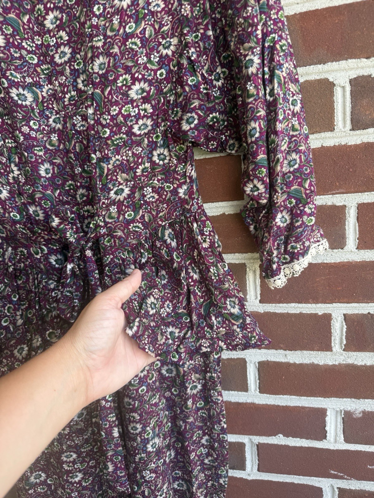 Vintage 80s Moonglow Floral Prairie Dress Small Lace Trim Drop Waist Peplum