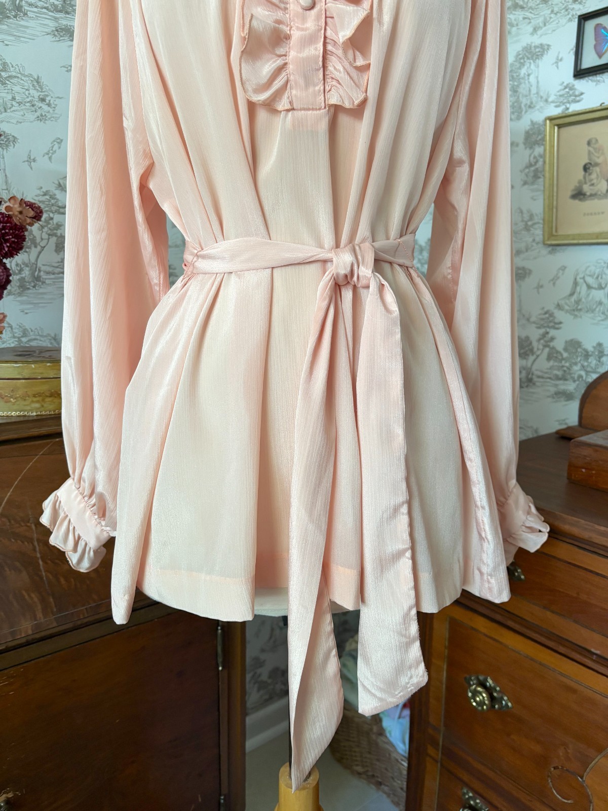Vintage 70s The French Clique Pink Ruffle Smocked Button Down Blouse: Coquette
