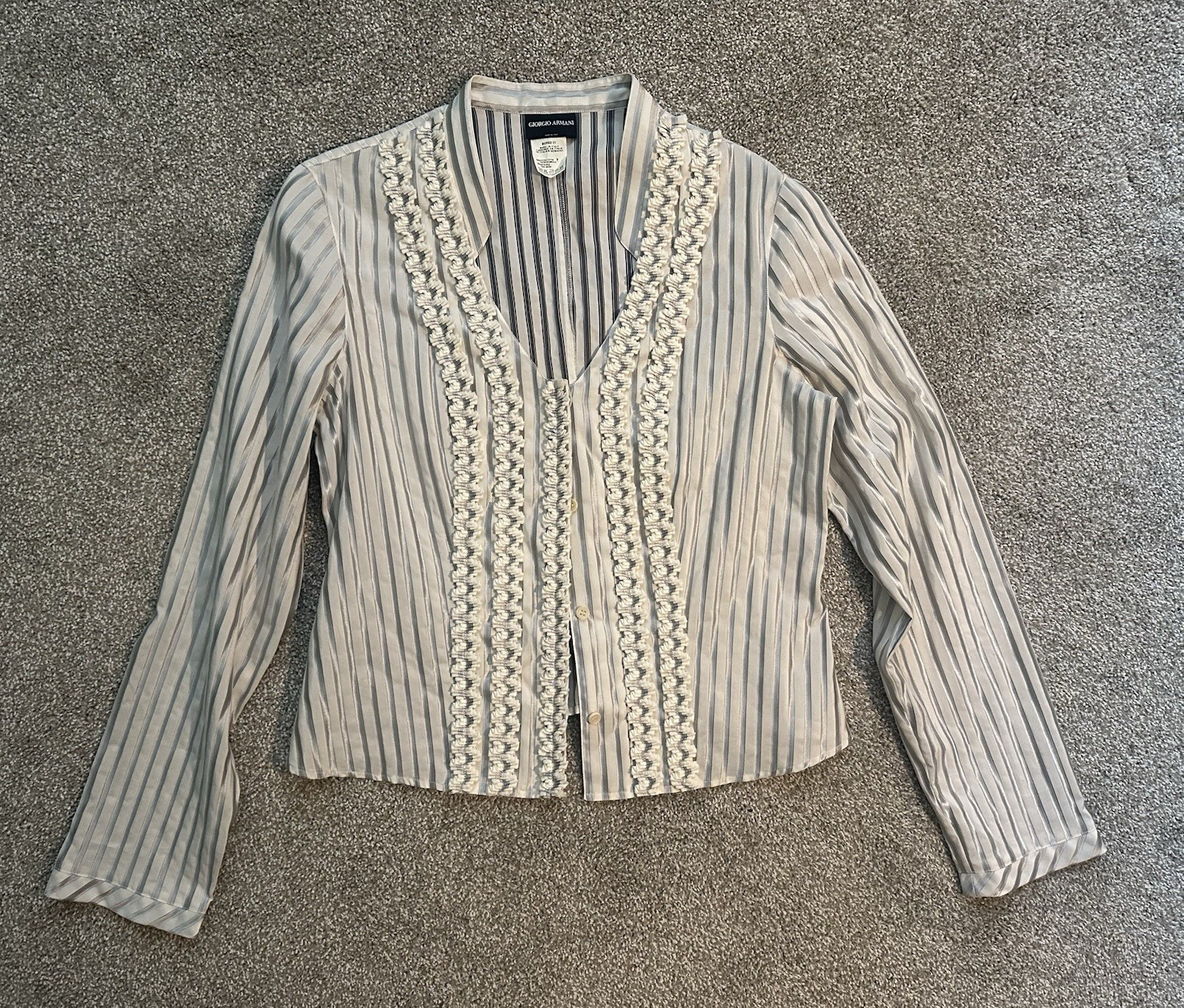 Vintage Giorgio Armani Women’s Silk Cotton Ruffle Long Sleeve Striped Blouse