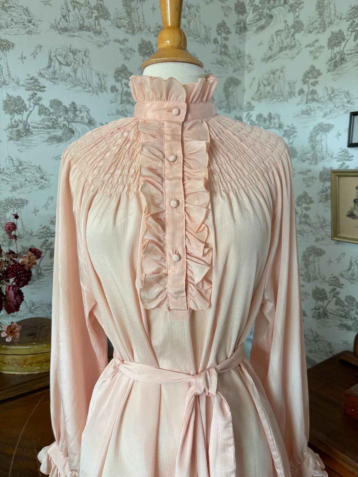Vintage 70s The French Clique Pink Ruffle Smocked Button Down Blouse: Coquette