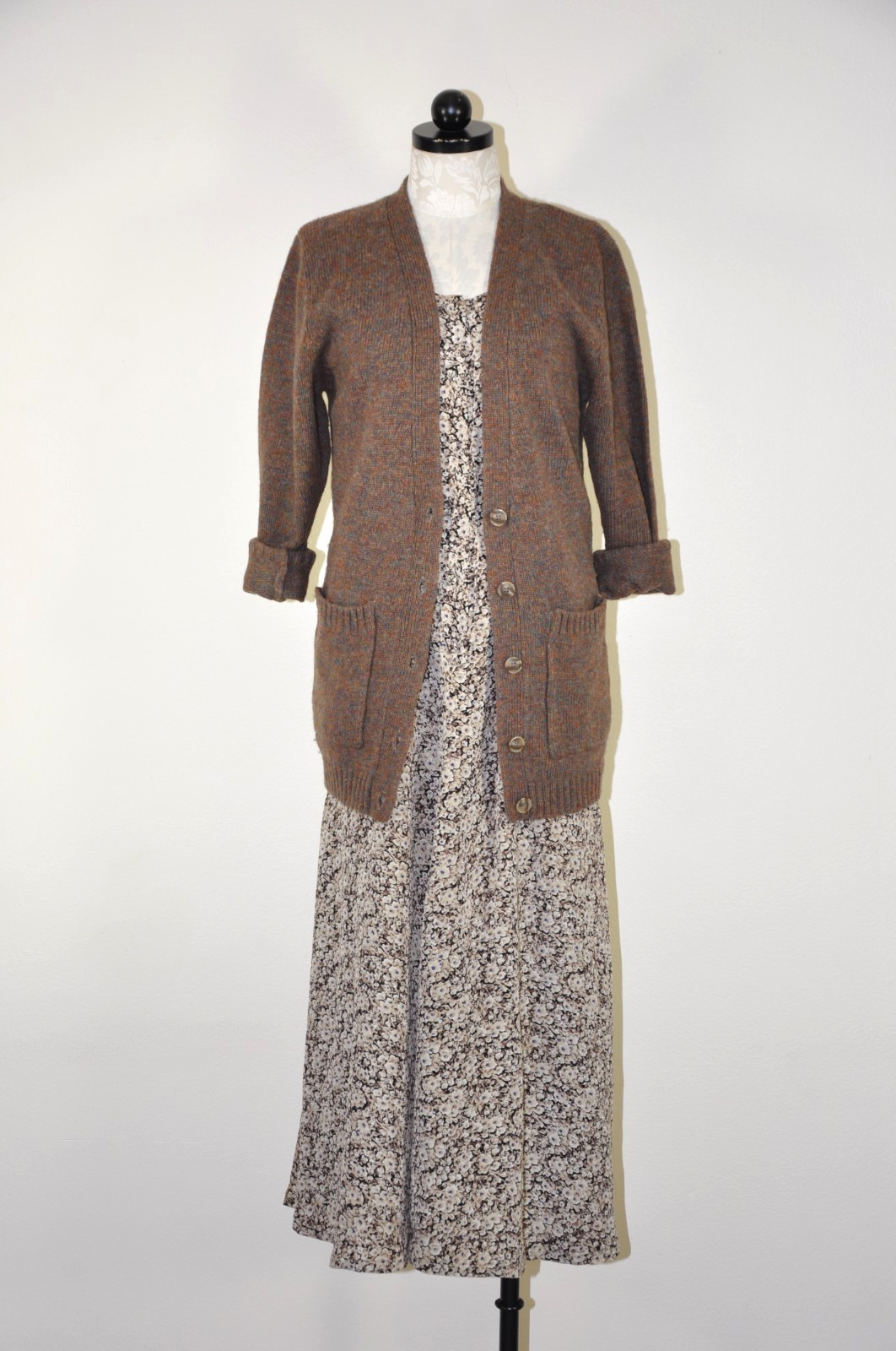 90s Vintage Brown Romantic Floral Long Sleeve Tie Back Grunge Dress Women S M