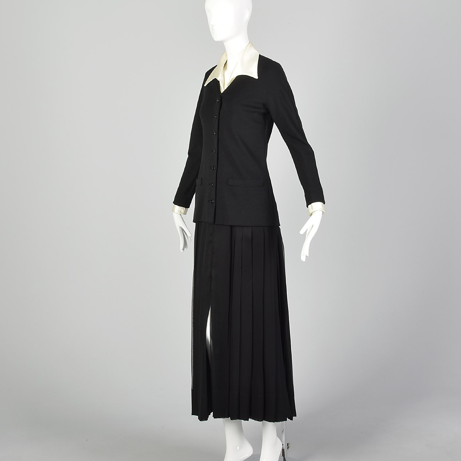 Medium Black Dress 1970s Illusion Black Knit Cardigan Chiffon Maxi Skirt 70s VTG