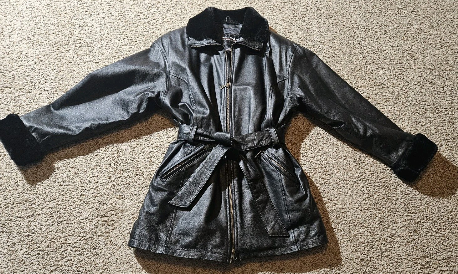 Wilsons Leather Jacket Womans Small Black Belt Thinsulate Thermal Lined Long