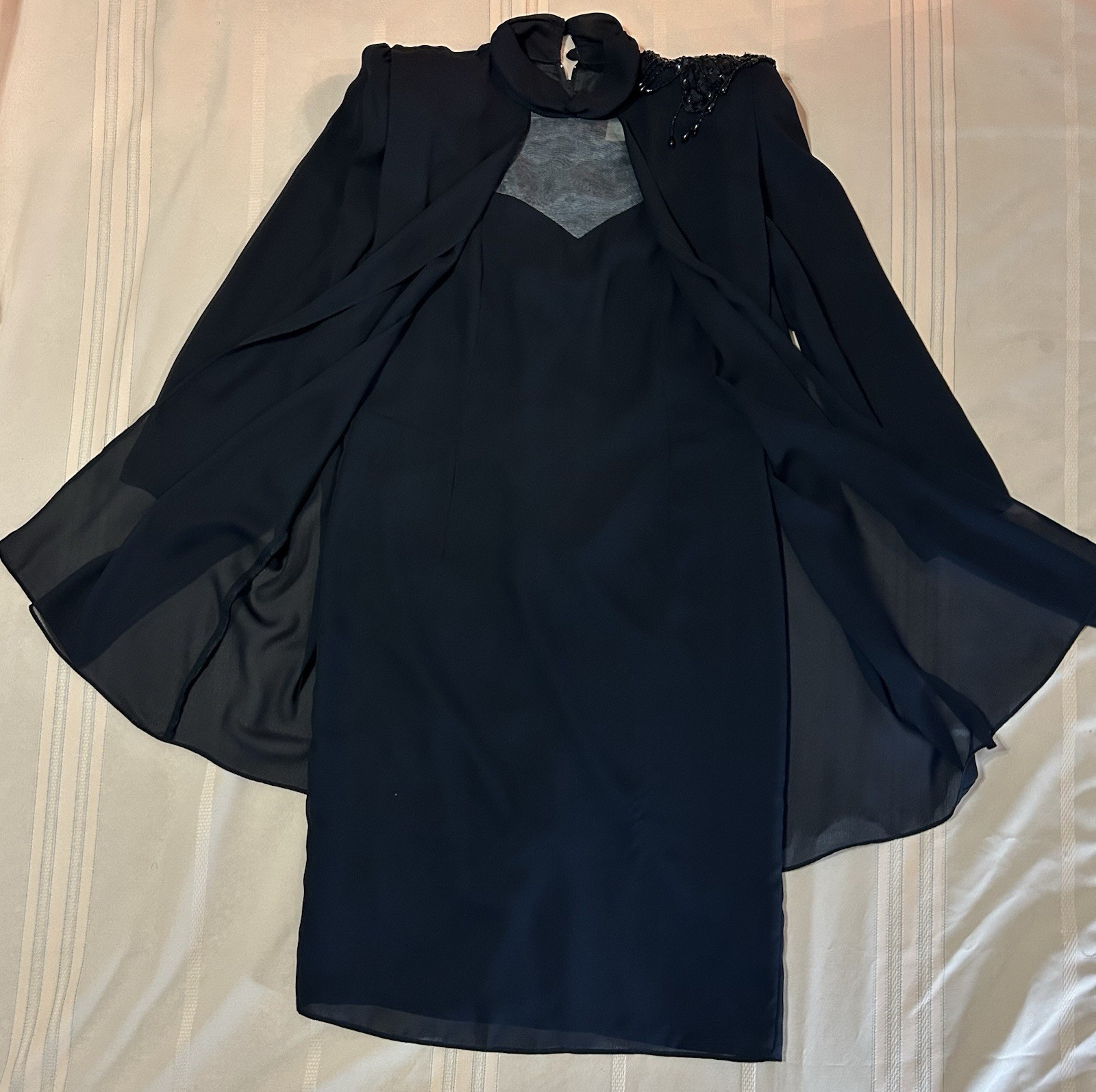 Vintage 80s Black Chiffon Dress With Capulet Beaded Shoulder Size 10 Goth Vampy