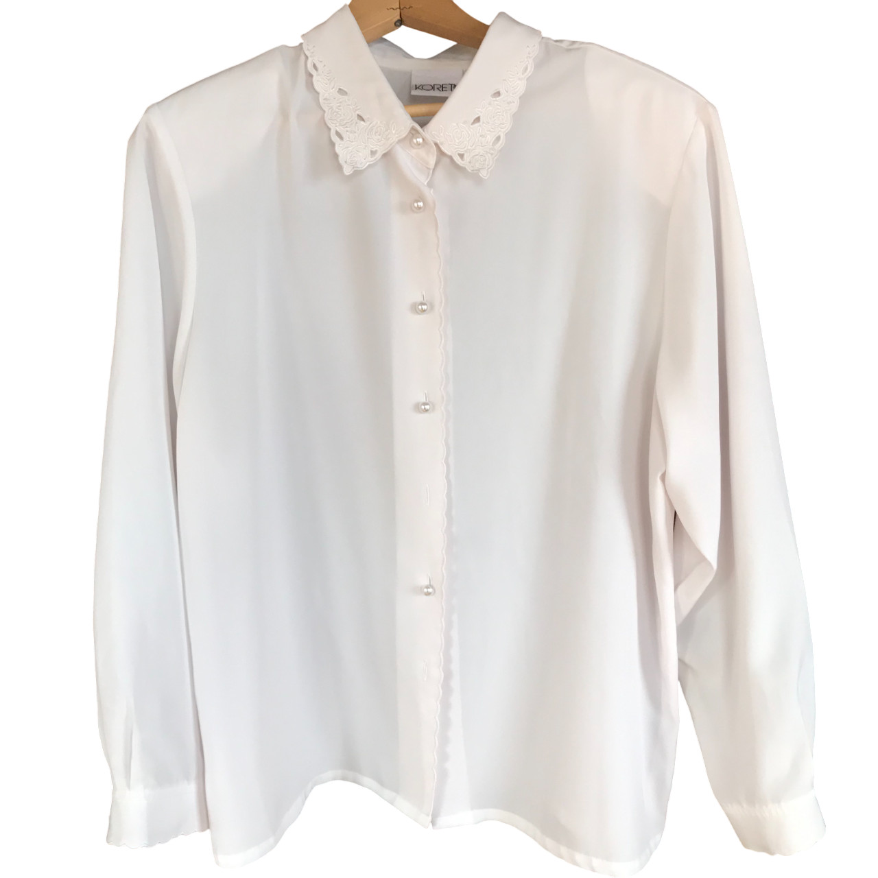 Scalloped Eyelet Cream Blouse VTG 80s Koret Winter White Top Size 16