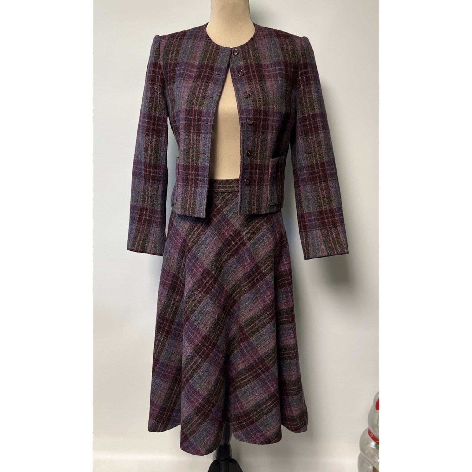 70s Purple Plaid Tweed Wool Blazer Suit Jacket Midi Skirt Size 6 Dark Academia