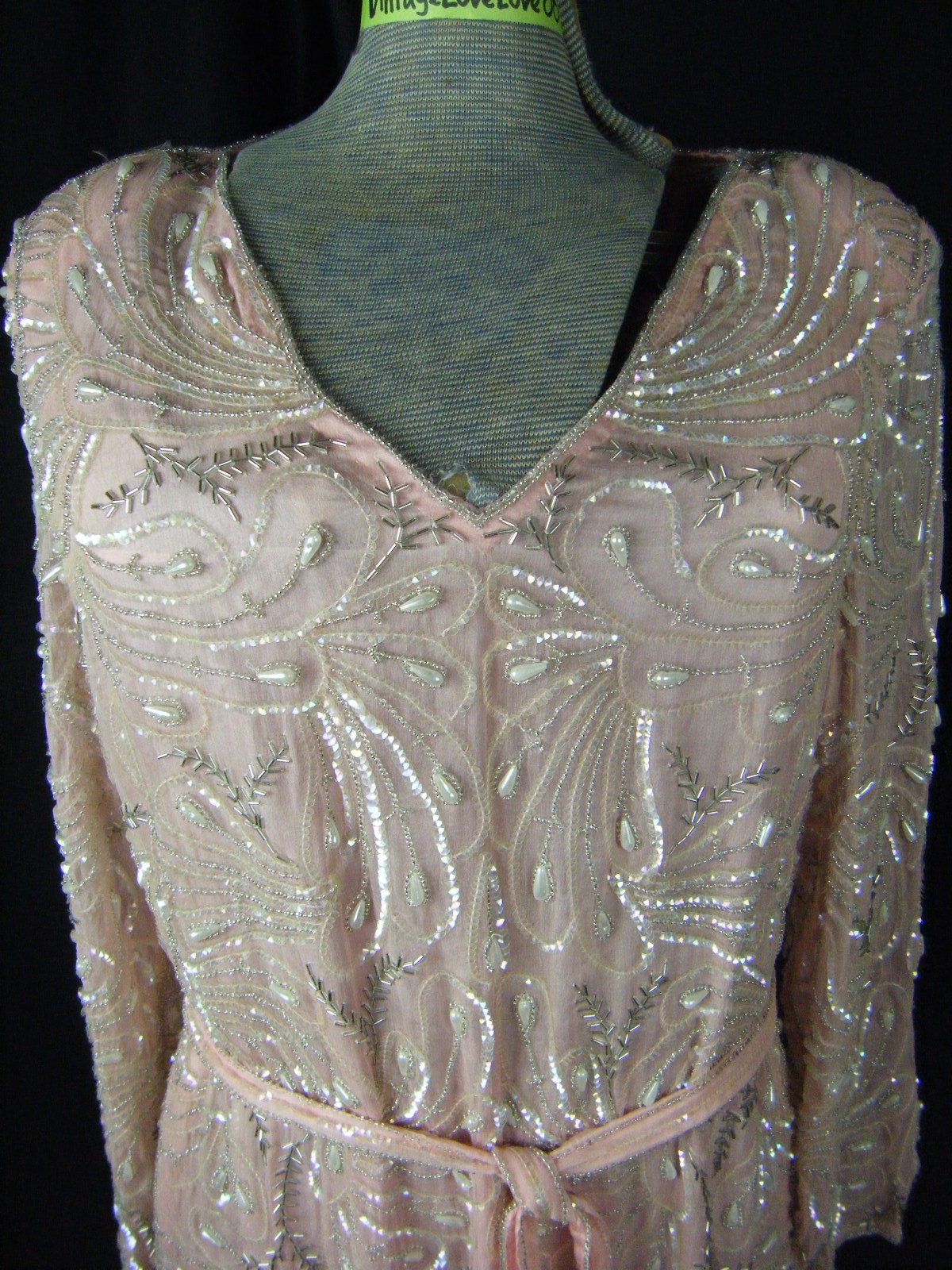 STAR LIGHT CITY Vtg 80s Pink Heavy Peacock Pearl Beaded Silk Dress-Bust 40/M