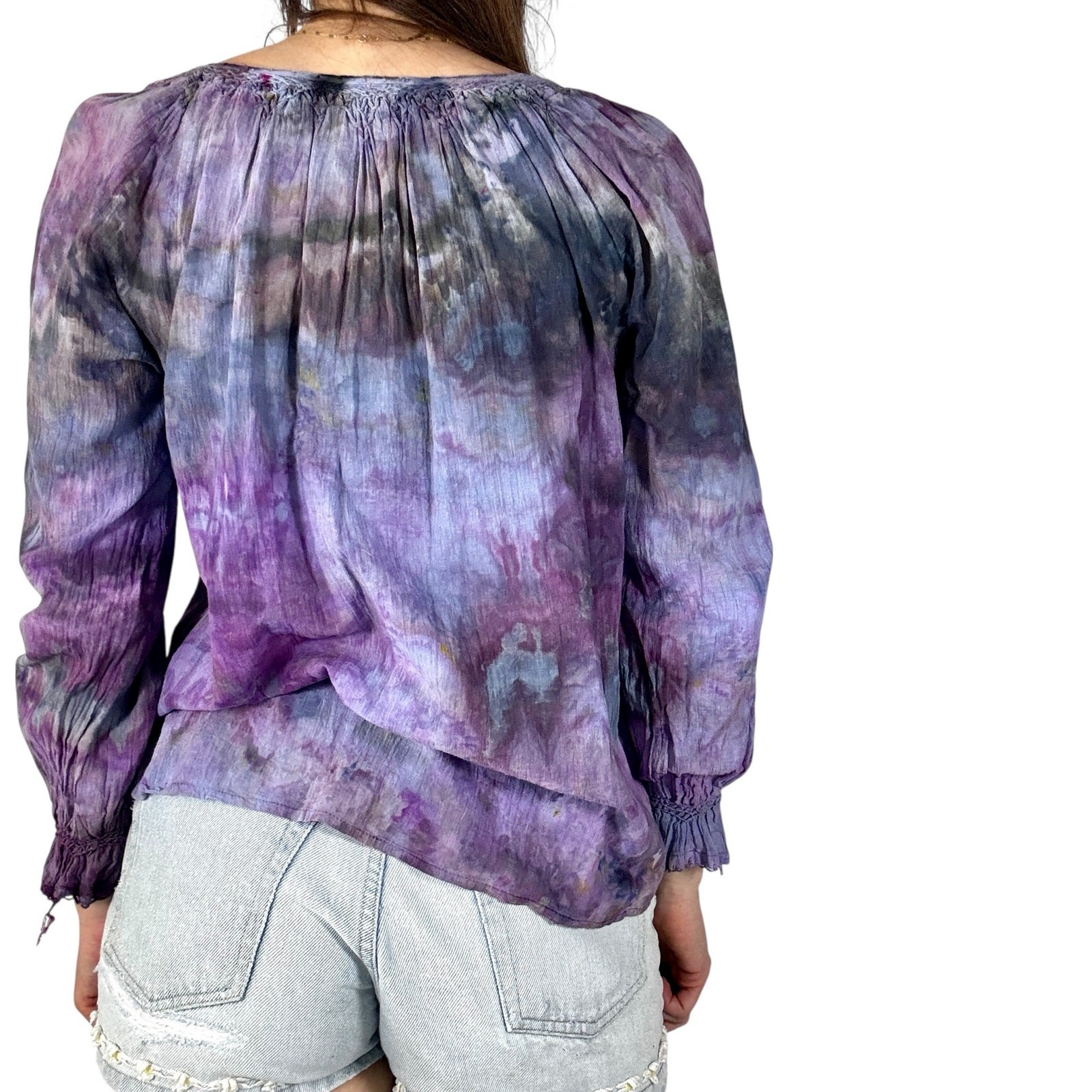 Vintage 1970s Hand Dyed STAR OF INDIA Cotton Smocked Boho Blouse