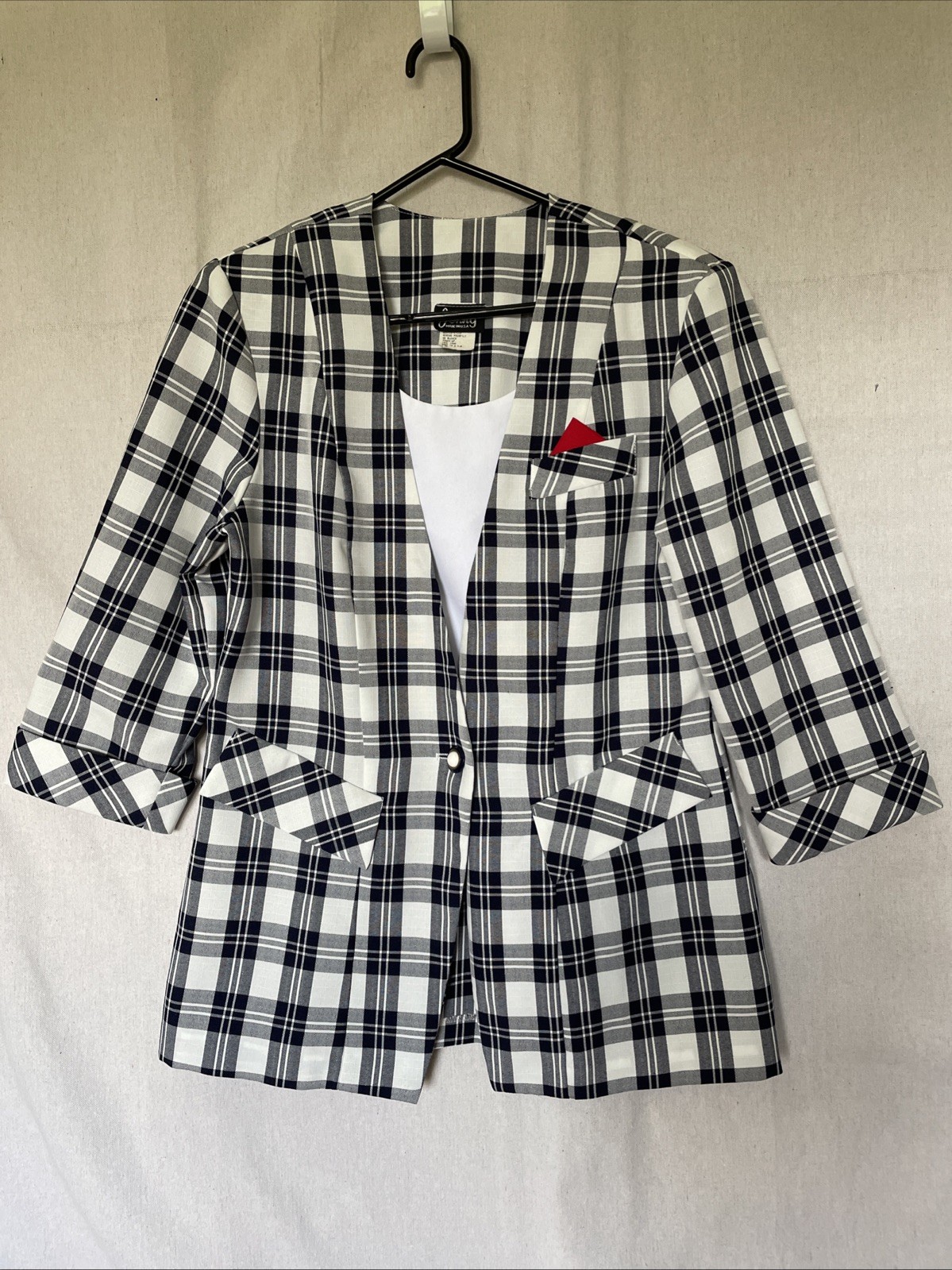 Jenny Women’s Size 14 Blazer Vintage 1980’s Black White Plaid Modesty Panel