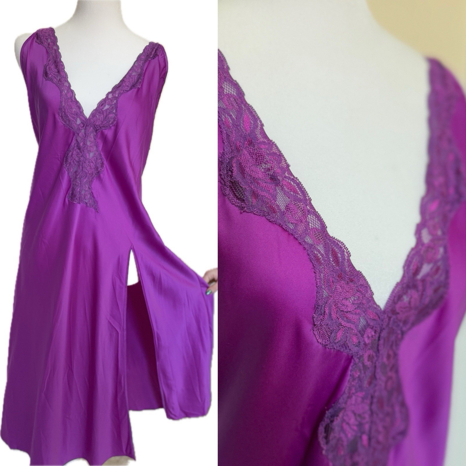 Nightgown Negligee Plunge Neckline Dip Back Midi Slit Vibrant Orchid Pink 1X 2X