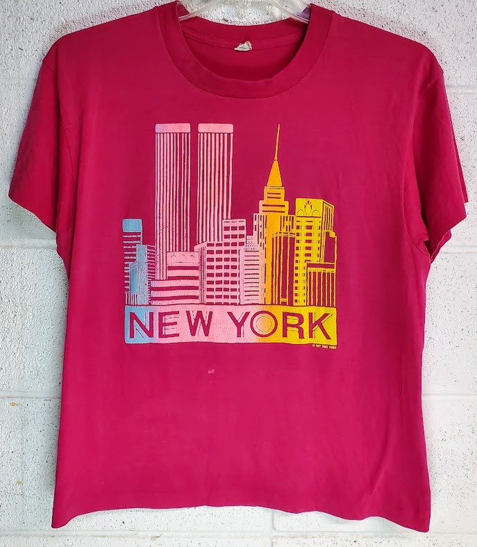 Vtg 90s Screen Stars Single Stitch Twin Towers New York City Skyline Pink Tee L