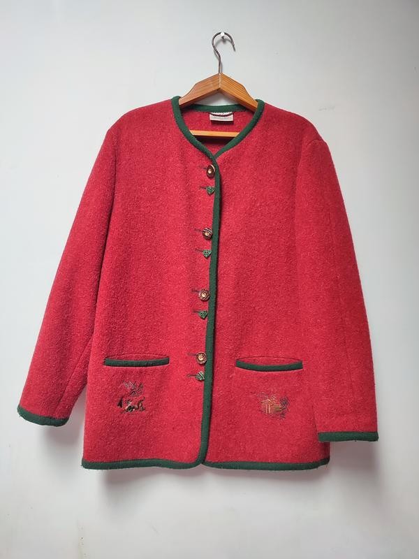 Vintage Austrian Wool Cardigan Jacket / Tyrolean Style / Red Alpine Knit / Size