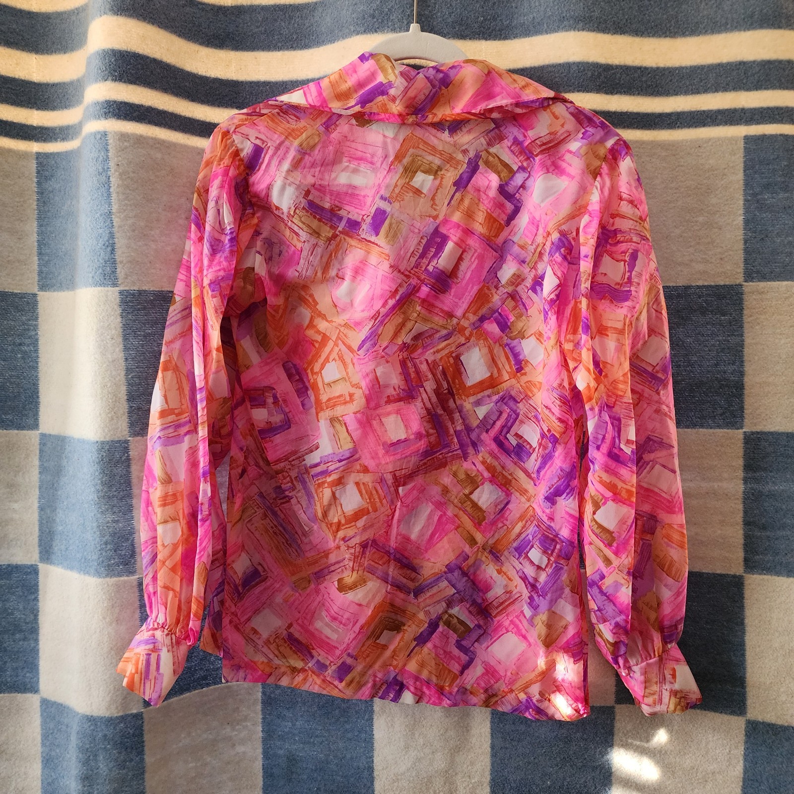 1970s Vintage Neon Mardi Modes Blouse Semi Sheer Dagger Collar Medium