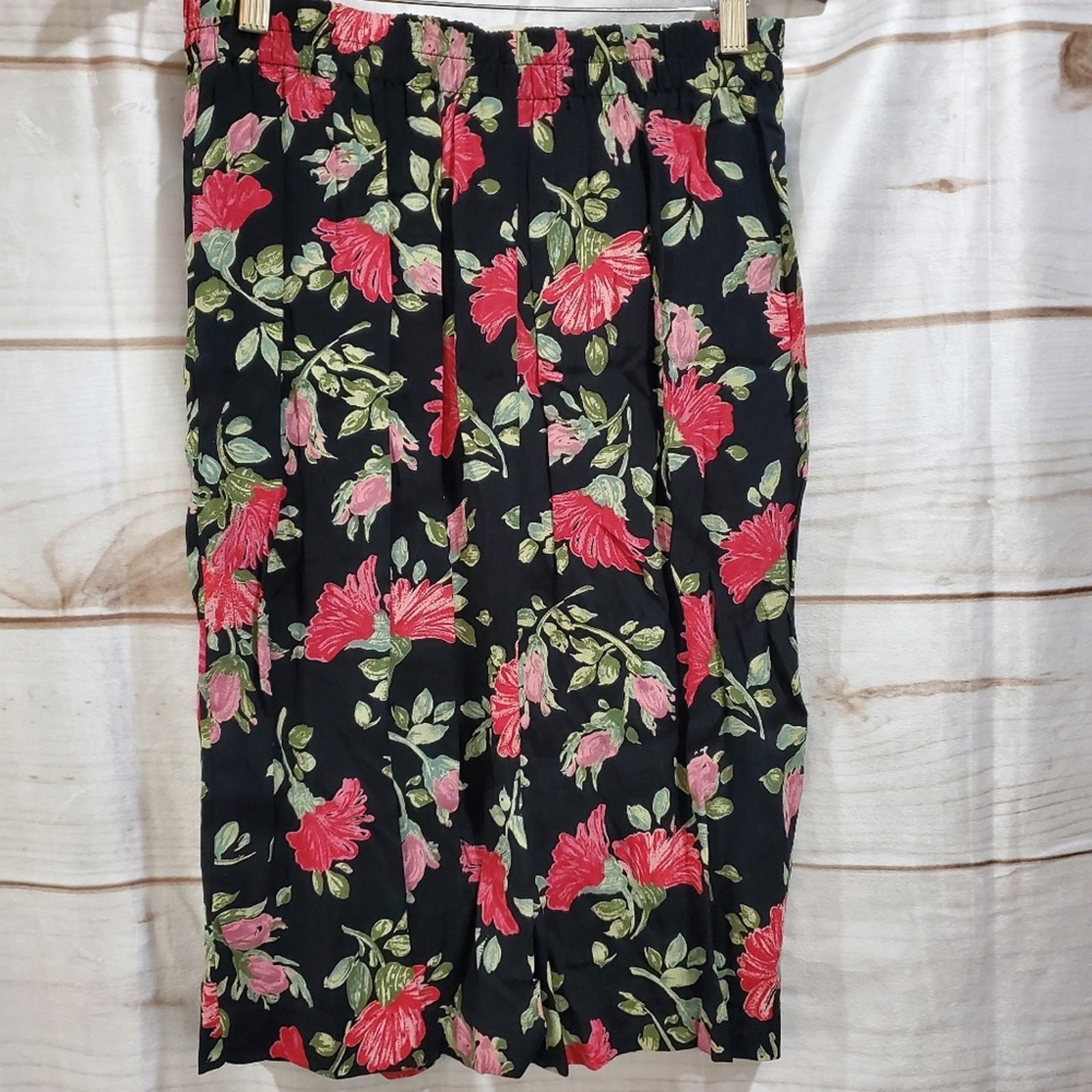 Vintage Carole Little Skirt Size 12 Black Red Floral 90s Below Knee Pencil