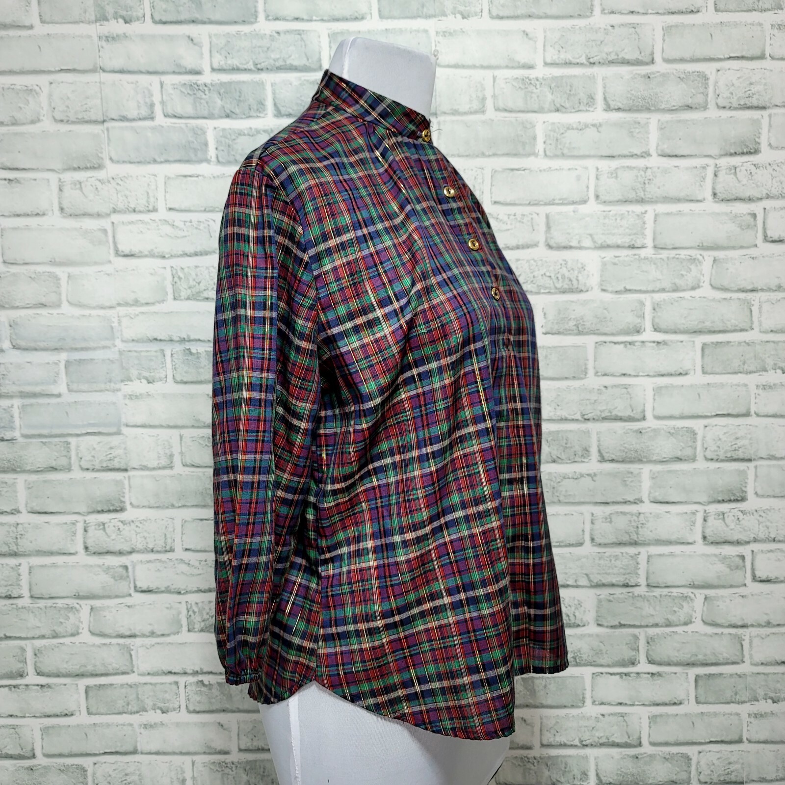 Vintage 70s 80s Plaid Sheer Lightweight 1/4 Button Down 3/4 Sleeve Blouse