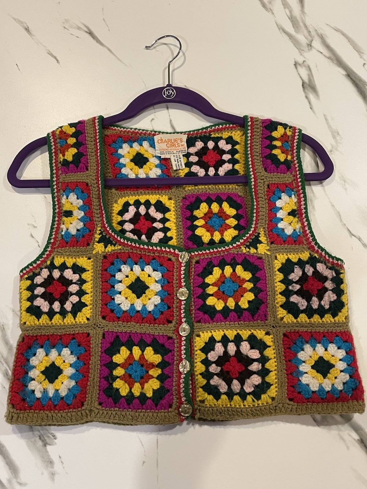Vintage 70’s Charlie’s Girl Erika Elias Granny Square Crochet Vest Cropped XS