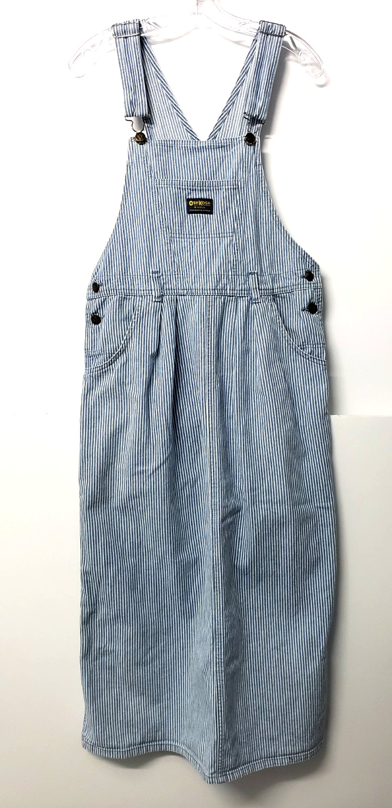 VTG 80s USA Oshkosh Womens 8 Blue Striped Railroad Denim Overalls Jumper Dress