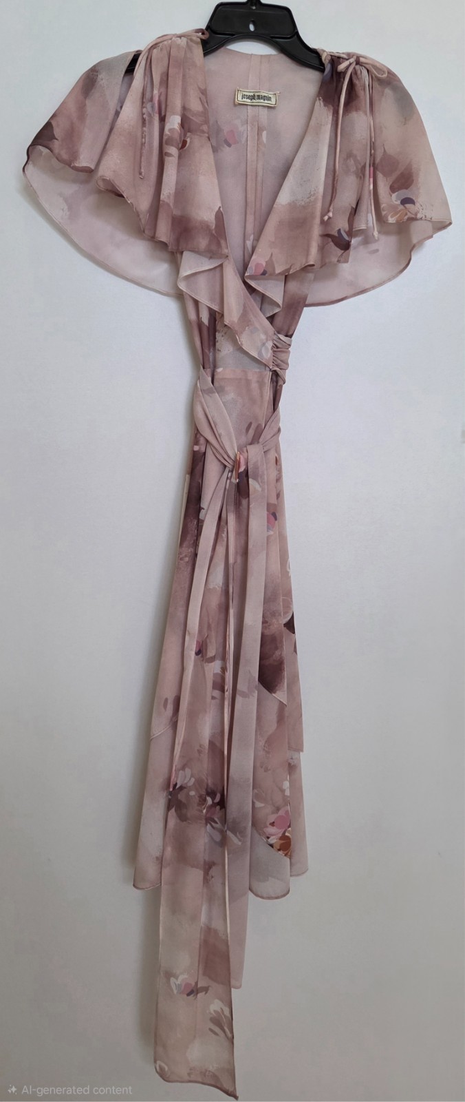 Vintage 1970’s Joseph Magnin Floral Wrap Layered Dress with Tie Cap Sleeves